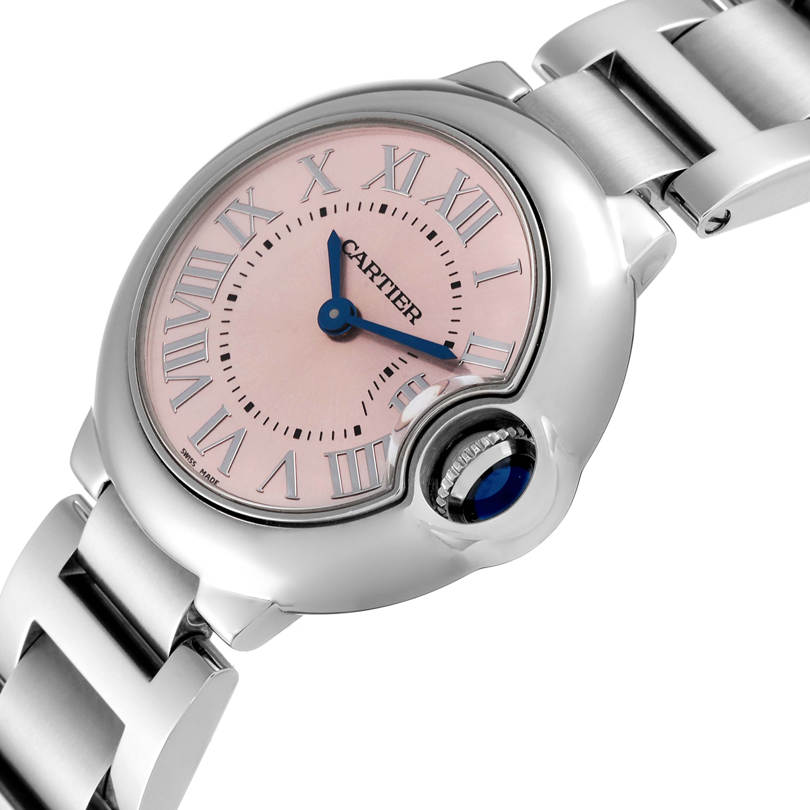 The image shows a close-up angled view of the Cartier Ballon Bleu W6920038 Women's Stainless Steel Pink Dial W6920038 Women's Stainless Steel Pink Dial watch face and part of the metal bracelet.