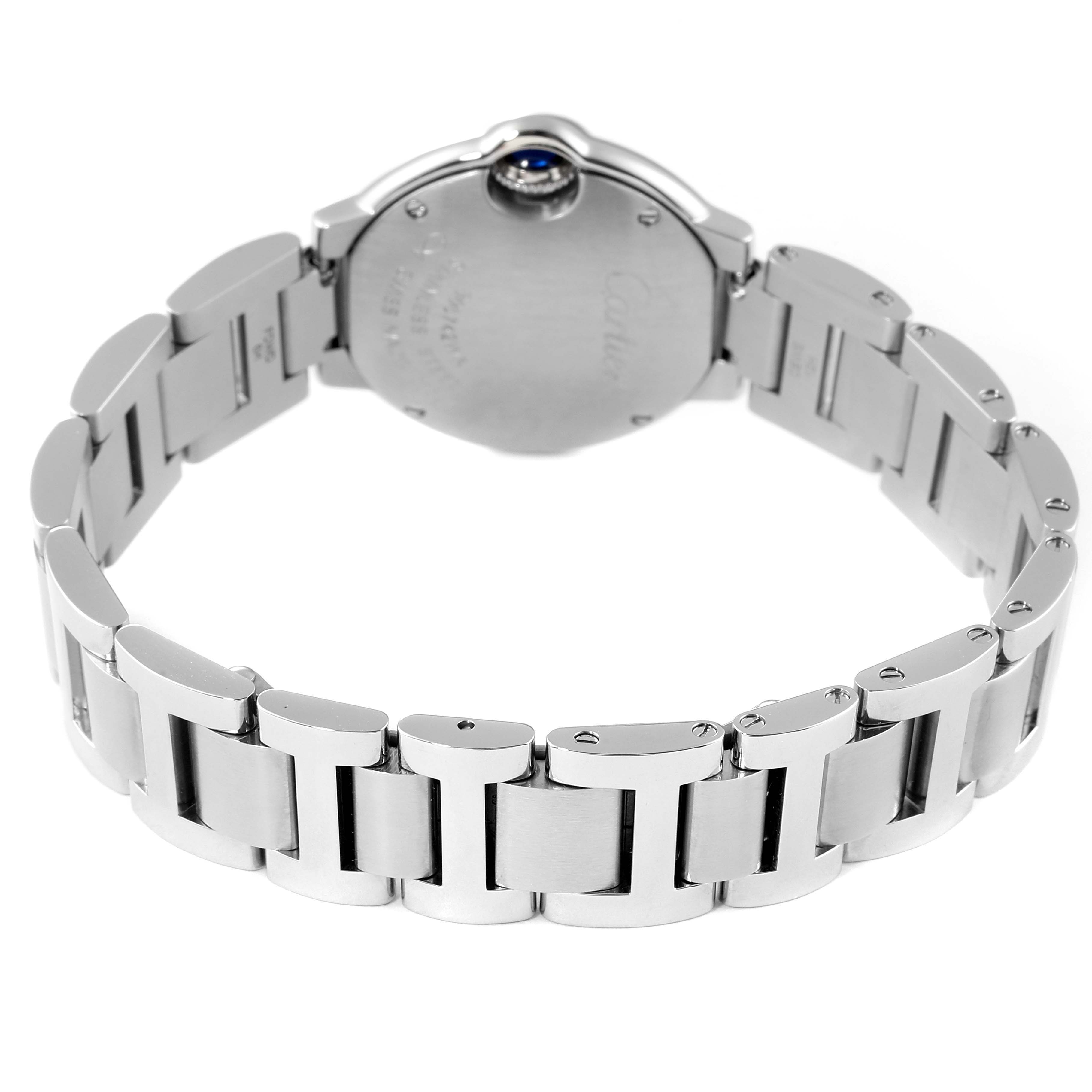 The image shows the back and bracelet of a Cartier Ballon Bleu W6920038 Women's Stainless Steel Pink Dial W6920038 Women's Stainless Steel Pink Dial watch from a rear angle.