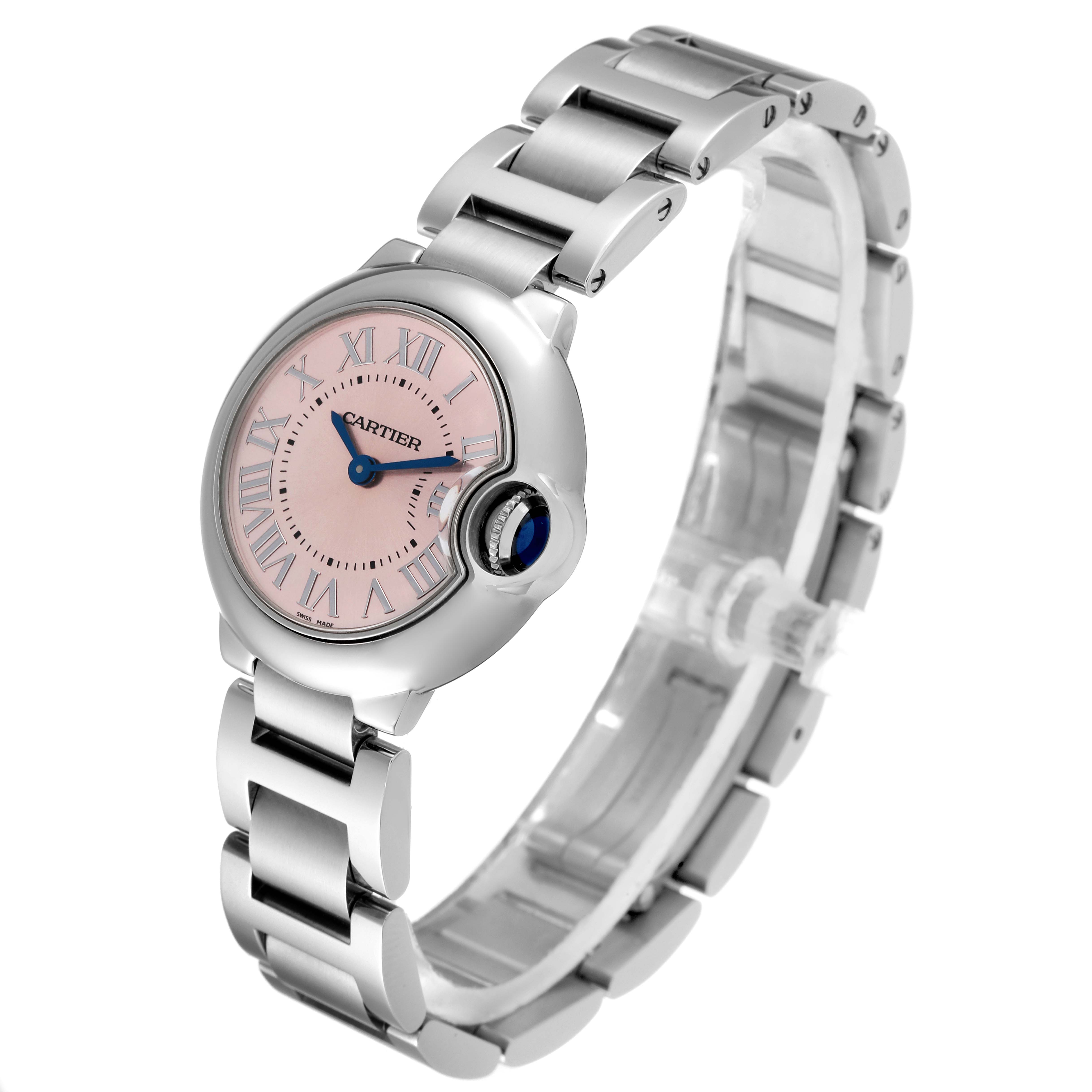 The Ballon Bleu by Cartier is shown at a front angle, displaying its dial, bracelet, and crown.