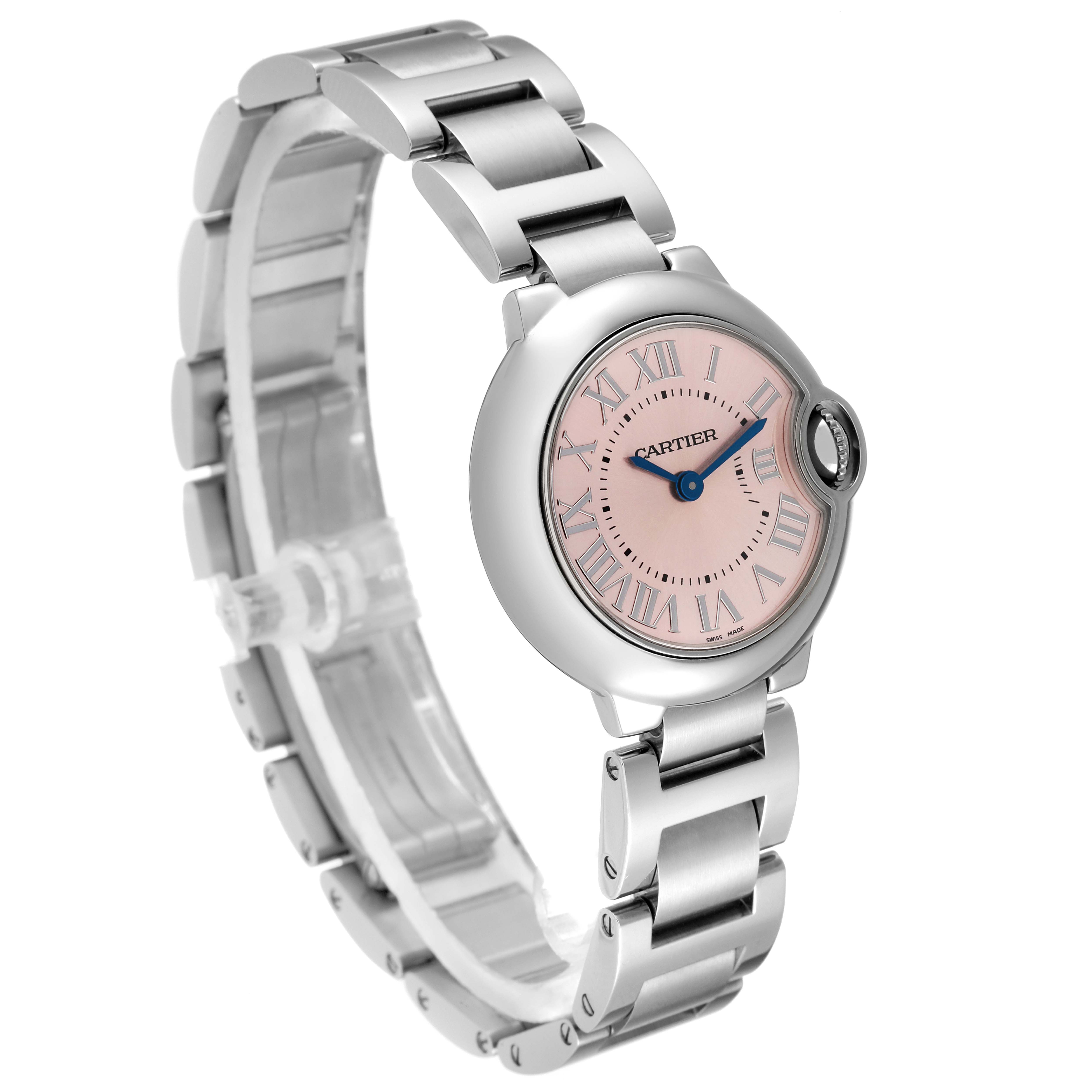 The image displays a side and top view of the Cartier Ballon Bleu W6920038 Women's Stainless Steel Pink Dial W6920038 Women's Stainless Steel Pink Dial watch, showcasing its pink dial, bracelet, and detailed craftsmanship.