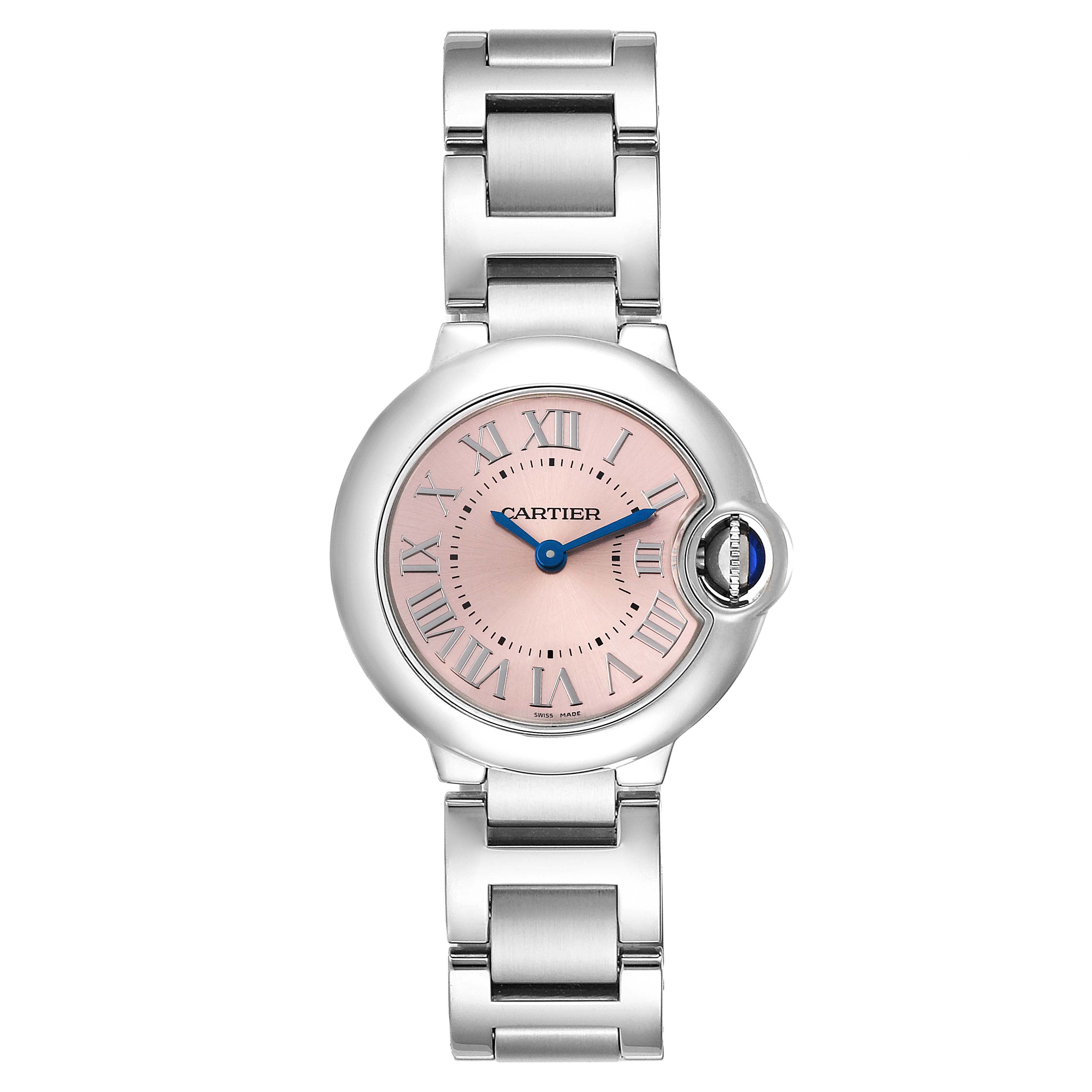The image shows a Cartier Ballon Bleu W6920038 Women's Stainless Steel Pink Dial W6920038 Women's Stainless Steel Pink Dial model watch from a front angle, highlighting its face, case, and bracelet.