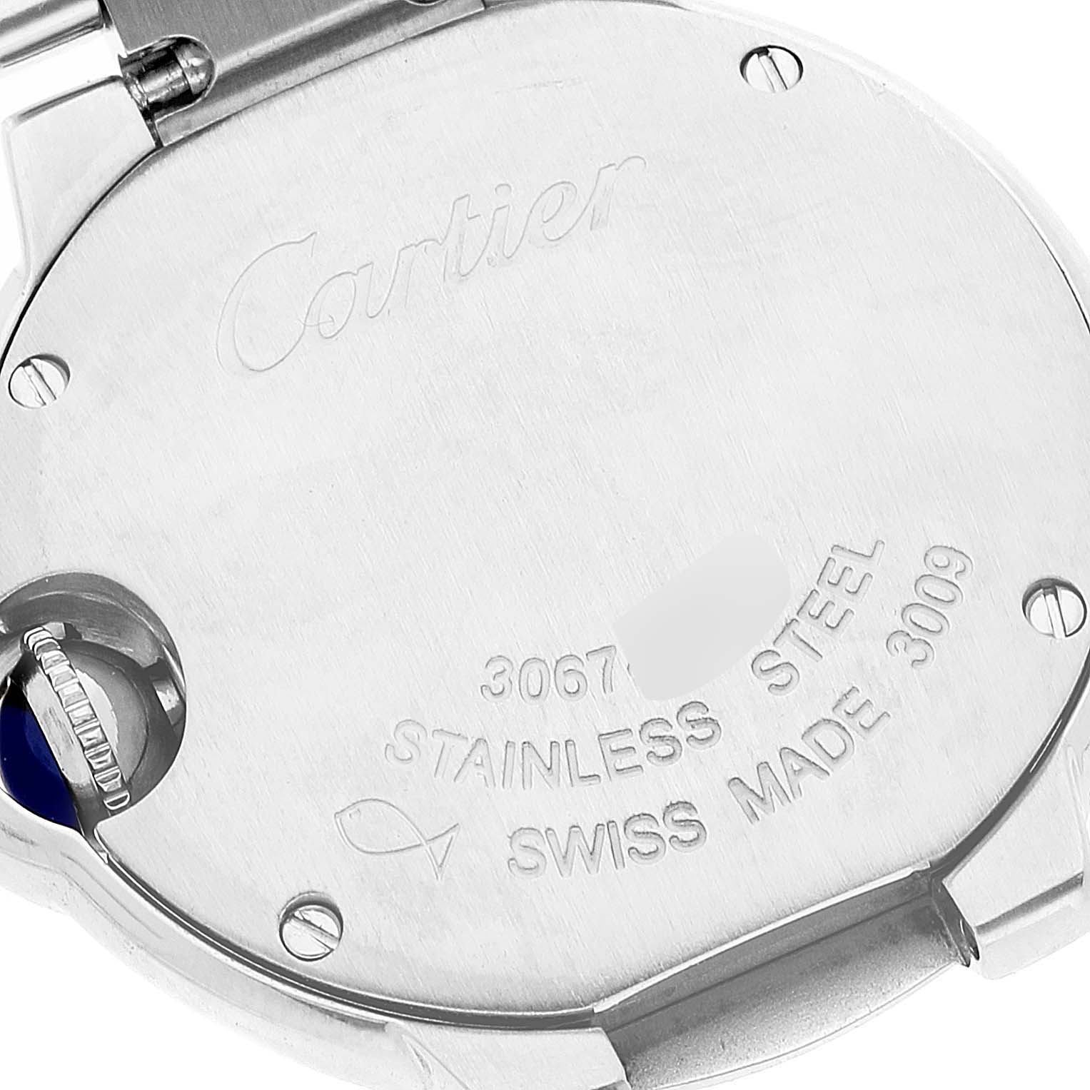 This image shows the back case of the Cartier Ballon Bleu W6920038 Women's Stainless Steel Pink Dial W6920038 Women's Stainless Steel Pink Dial watch, highlighting details like serial numbers and engravings.