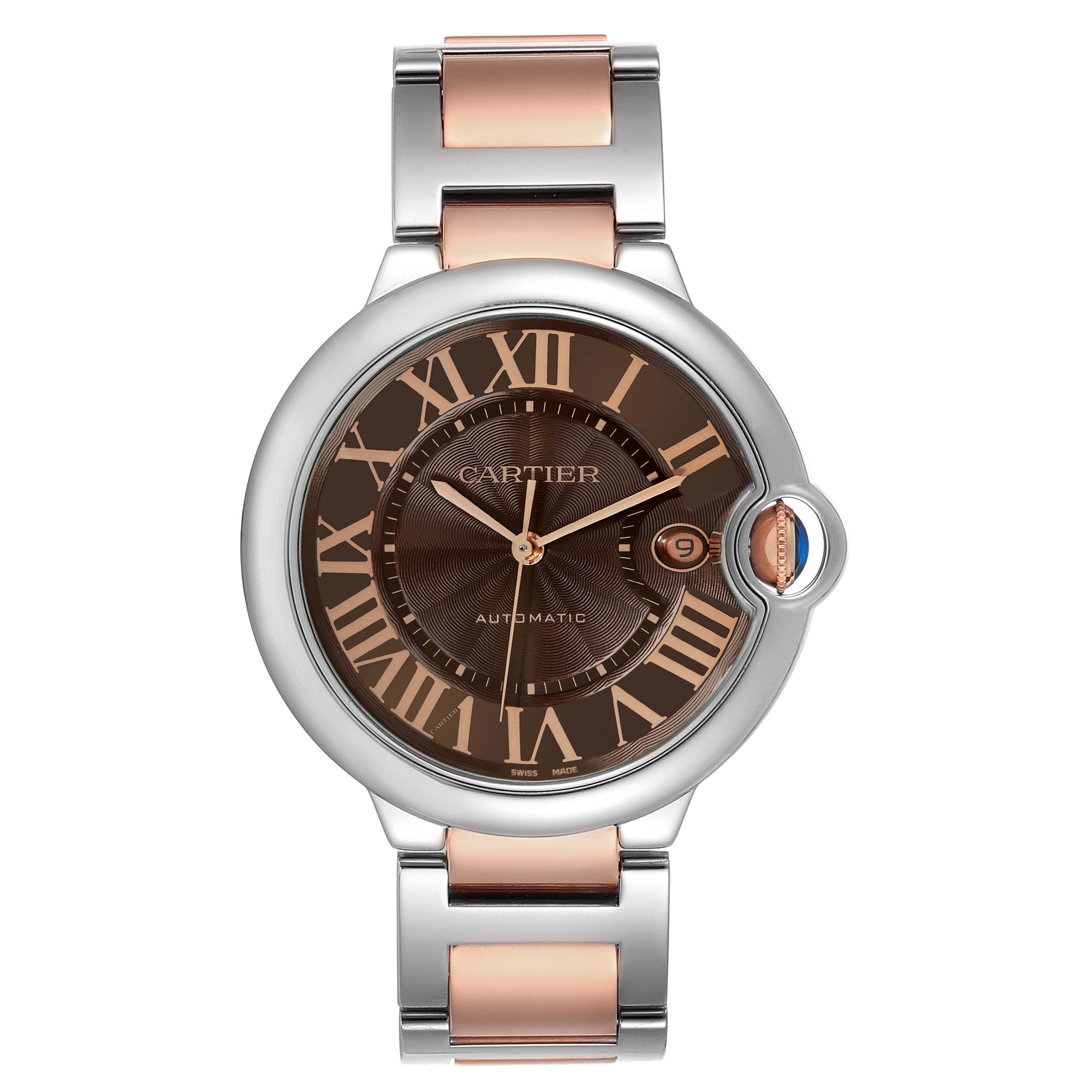 This image shows a front view of the Cartier Ballon Bleu 63346 Men's Steel and Gold (two tone) Brown Dial 63346 Men's Steel and Gold (two tone) Brown Dial watch, highlighting its dial, bezel, and two-tone bracelet.