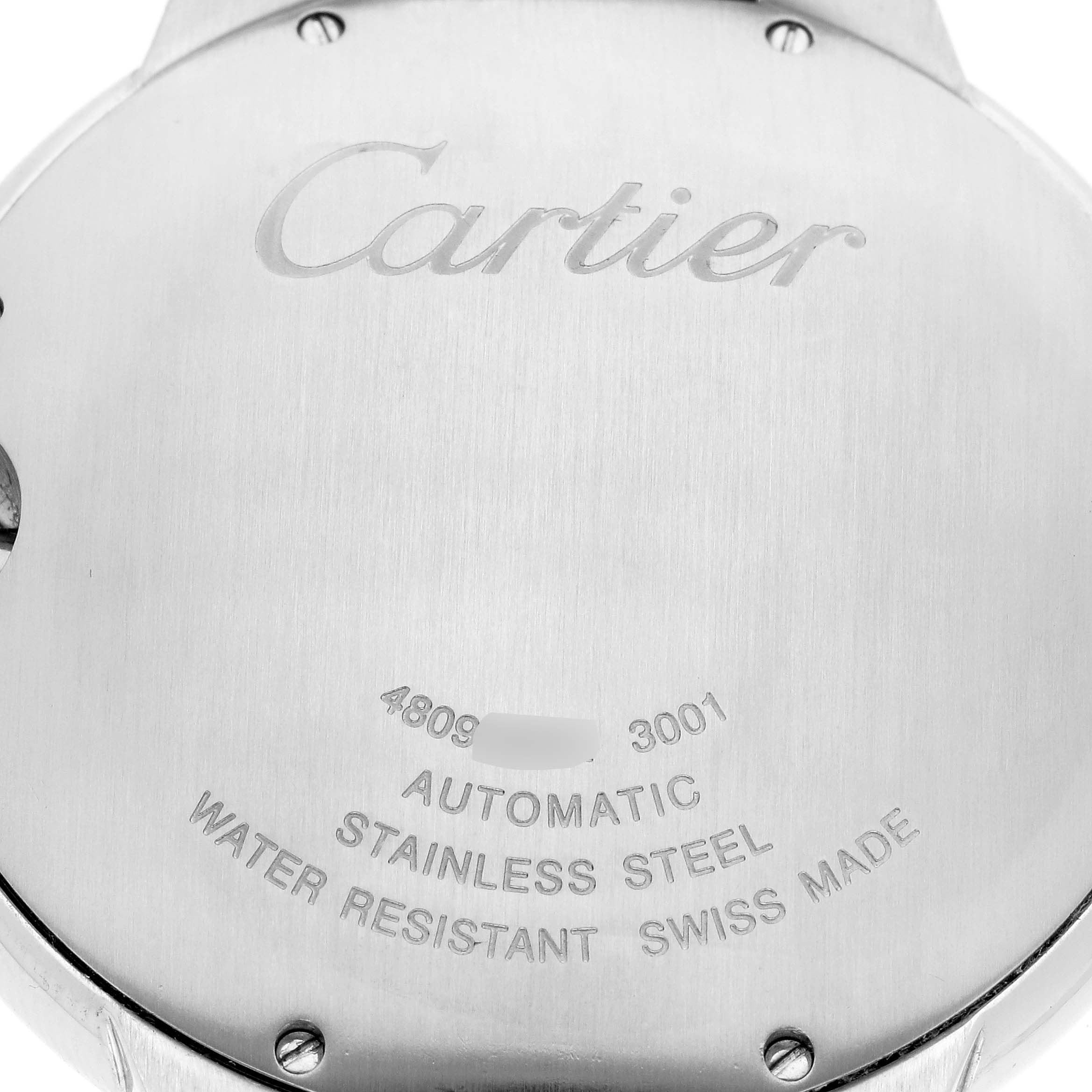 This image shows a close-up of the back case of a Cartier Ballon Bleu 63346 Men's Steel and Gold (two tone) Brown Dial 63346 Men's Steel and Gold (two tone) Brown Dial watch, highlighting its engravings and material details.