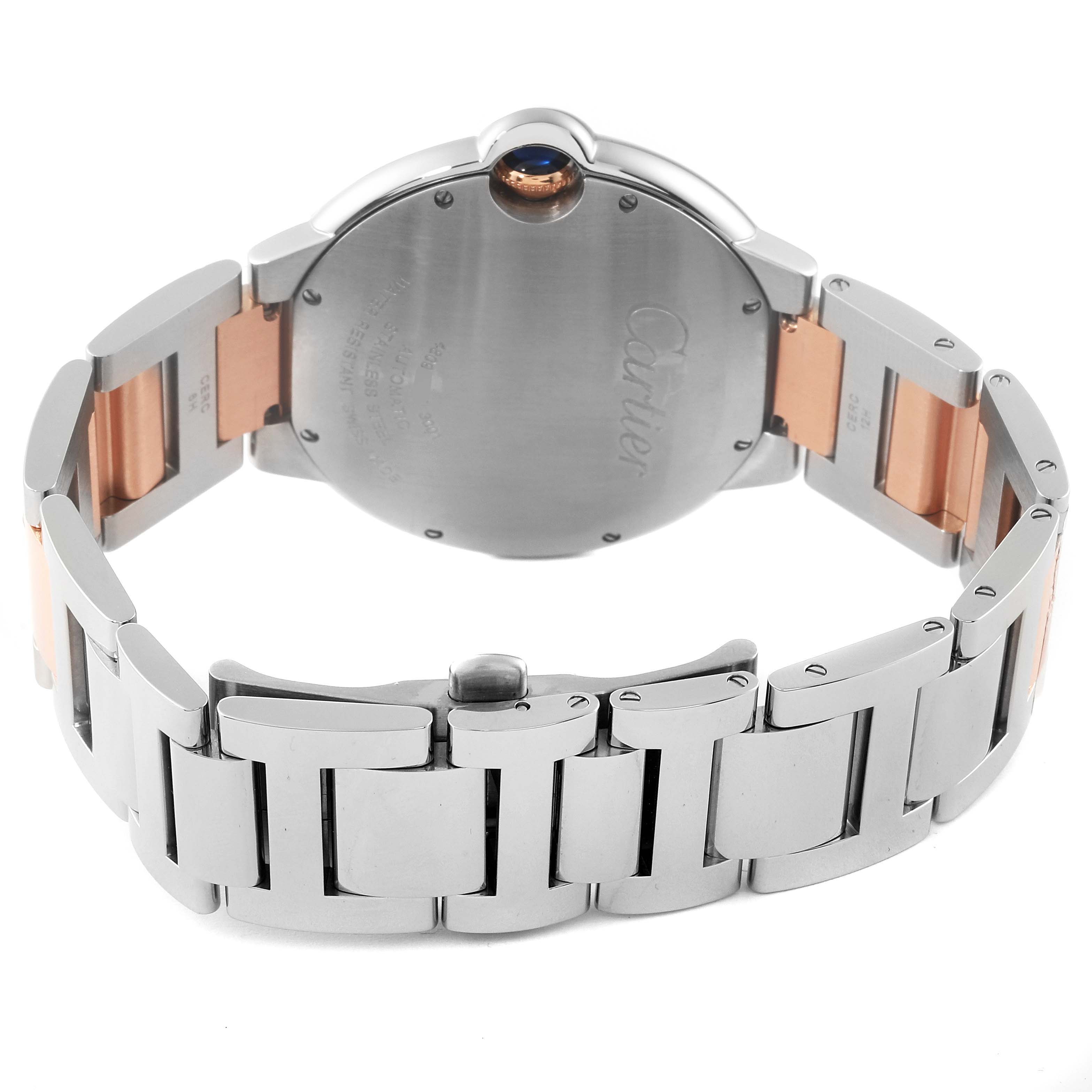 The image shows the back and bracelet of a Cartier Ballon Bleu 63346 Men's Steel and Gold (two tone) Brown Dial 63346 Men's Steel and Gold (two tone) Brown Dial watch, highlighting the case back and two-tone bracelet.