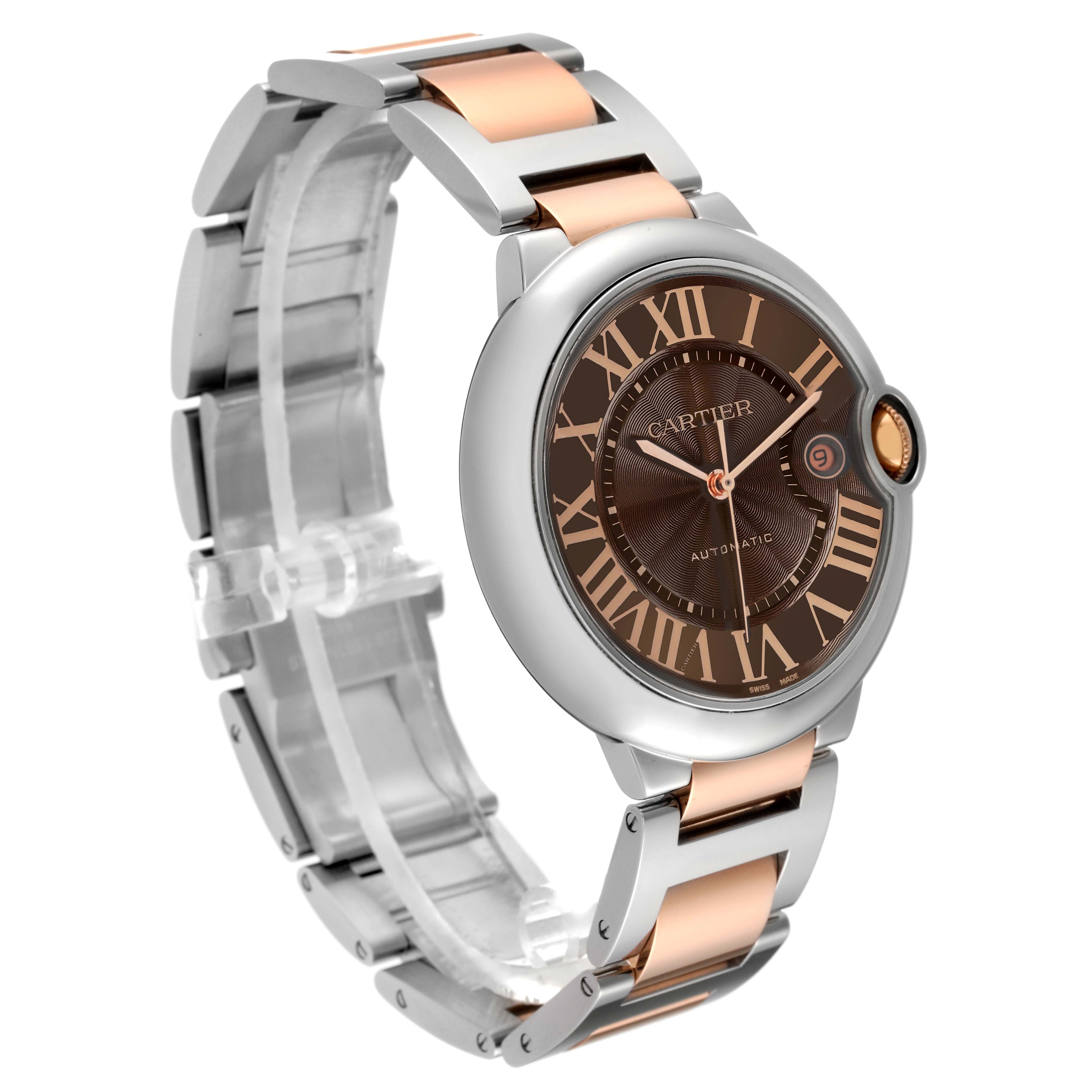The image shows a side-angle view of a Cartier Ballon Bleu 63346 Men's Steel and Gold (two tone) Brown Dial 63346 Men's Steel and Gold (two tone) Brown Dial watch, displaying its face, bezel, and bracelet.
