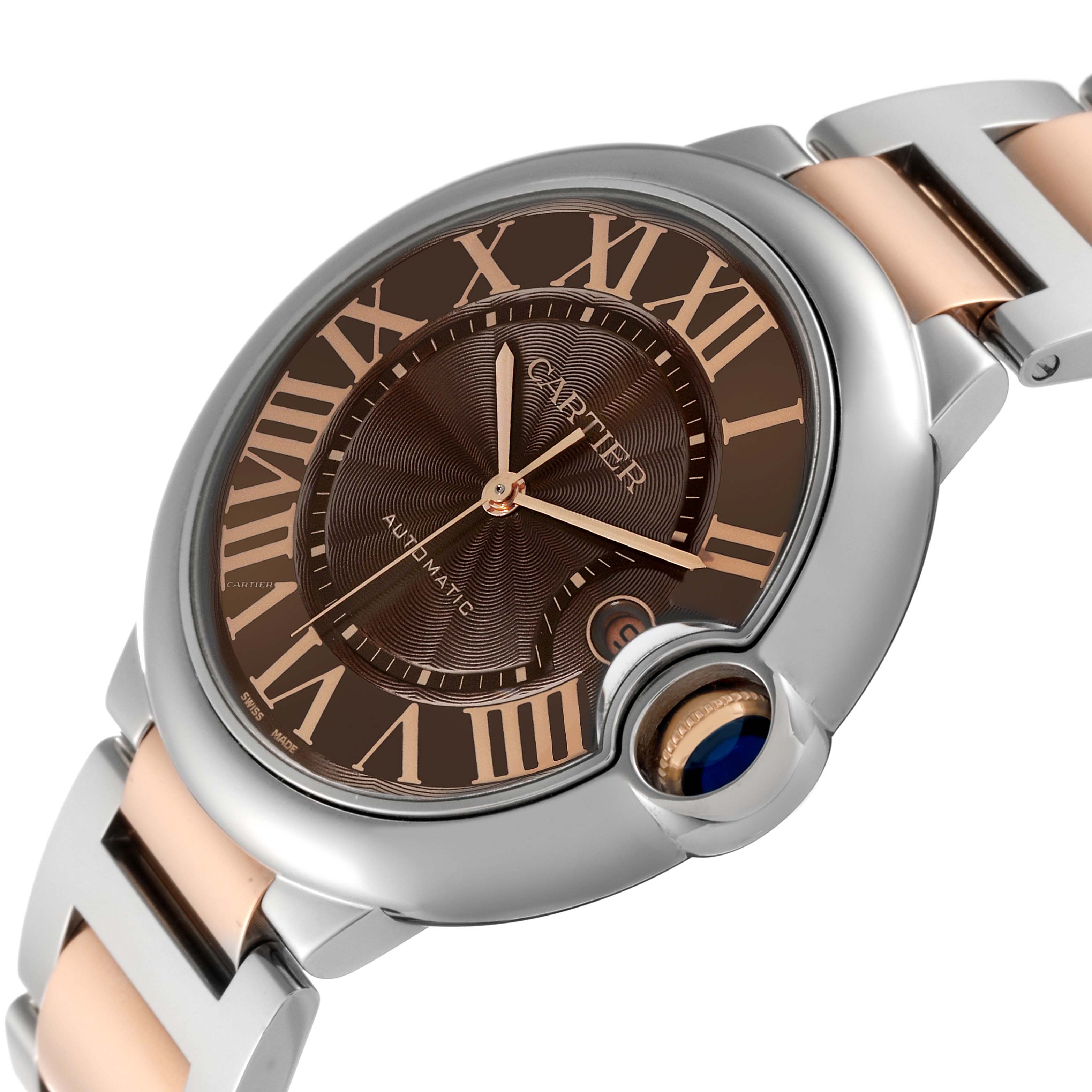 This image shows the Ballon Bleu model by Cartier from a side angle, highlighting the watch face, crown, and part of the bracelet.