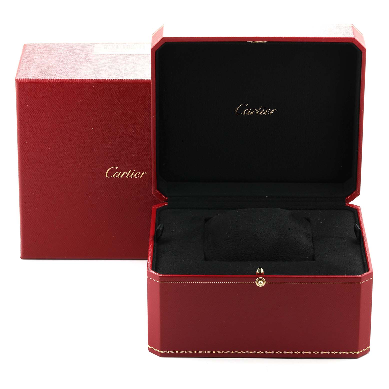 The image shows an open Cartier box for the Calibre de Cartier watch, highlighting the cushioned interior and exterior packaging.