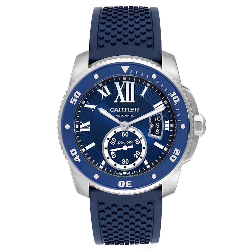 Cartier Calibre Diver Blue Dial Rubber Strap Steel Mens Watch