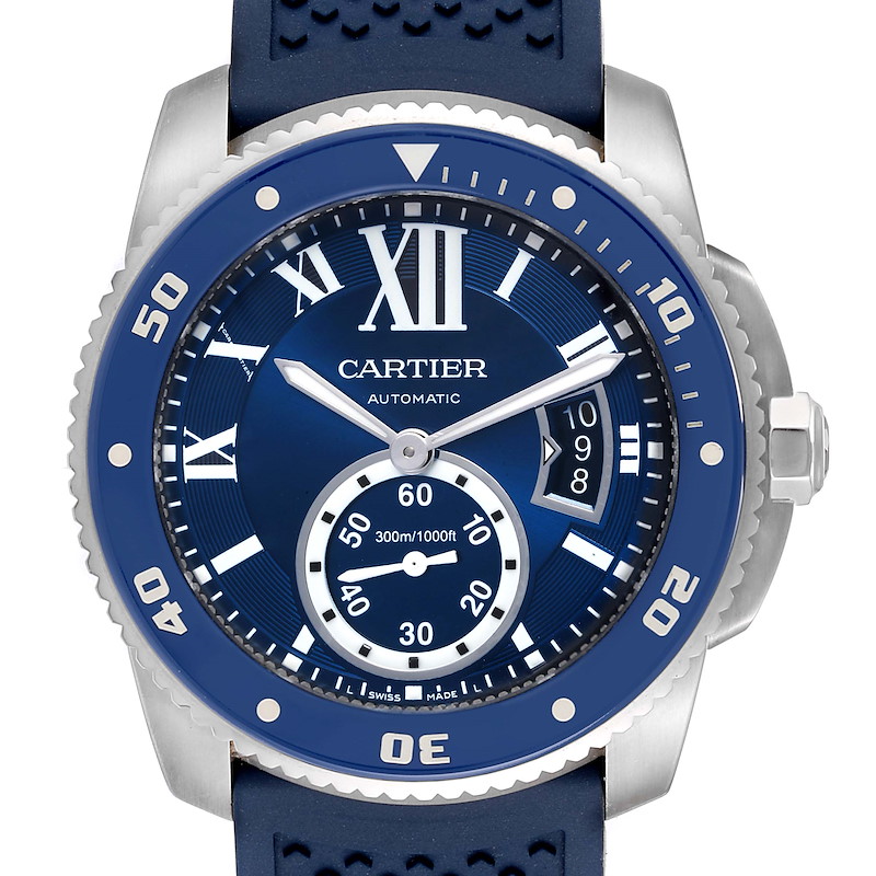 Cartier Calibre Diver Blue Dial Rubber Strap Steel Mens Watch WSCA0011 SwissWatchExpo