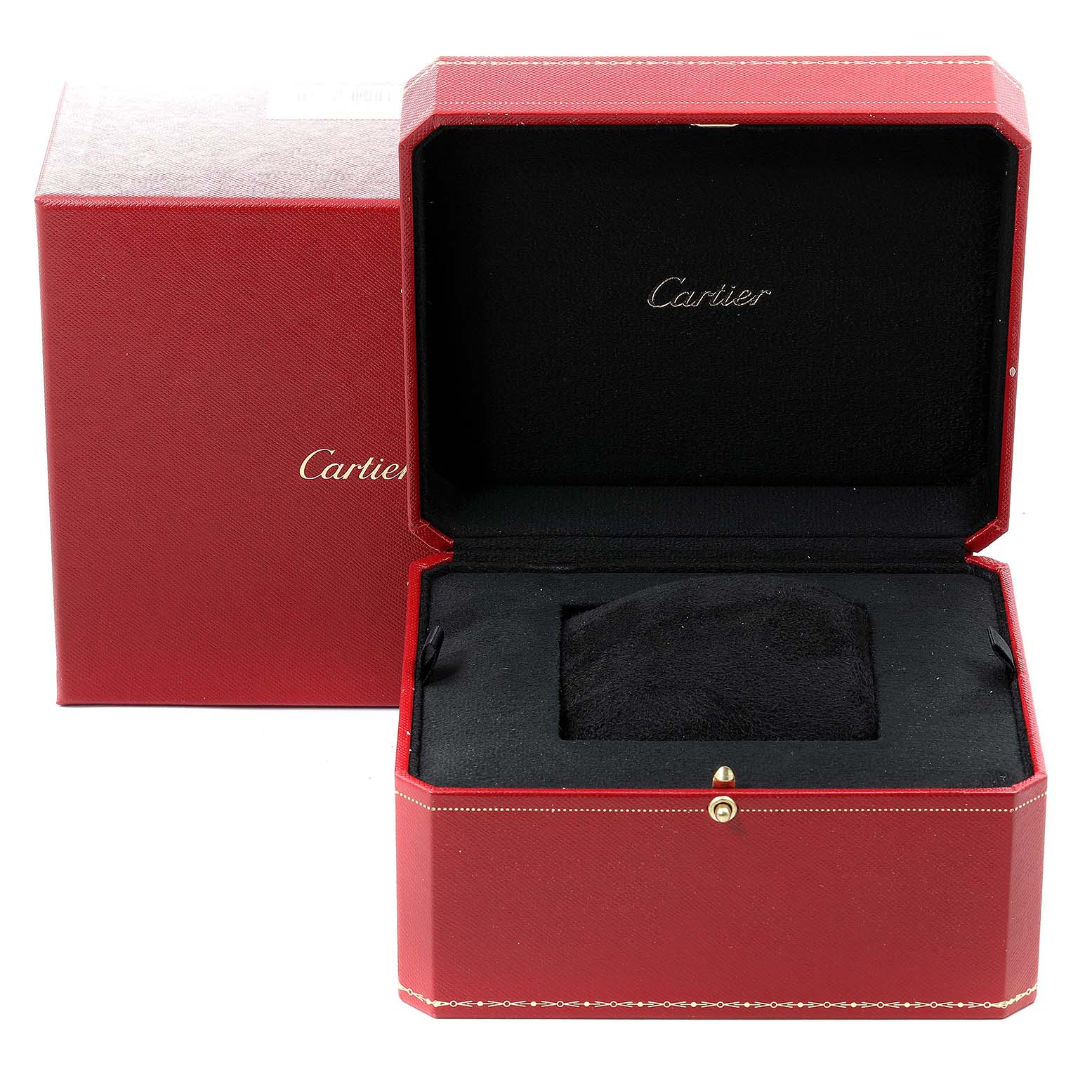 The image shows an open red Cartier box, likely for the Drive de Cartier model, with a black interior.