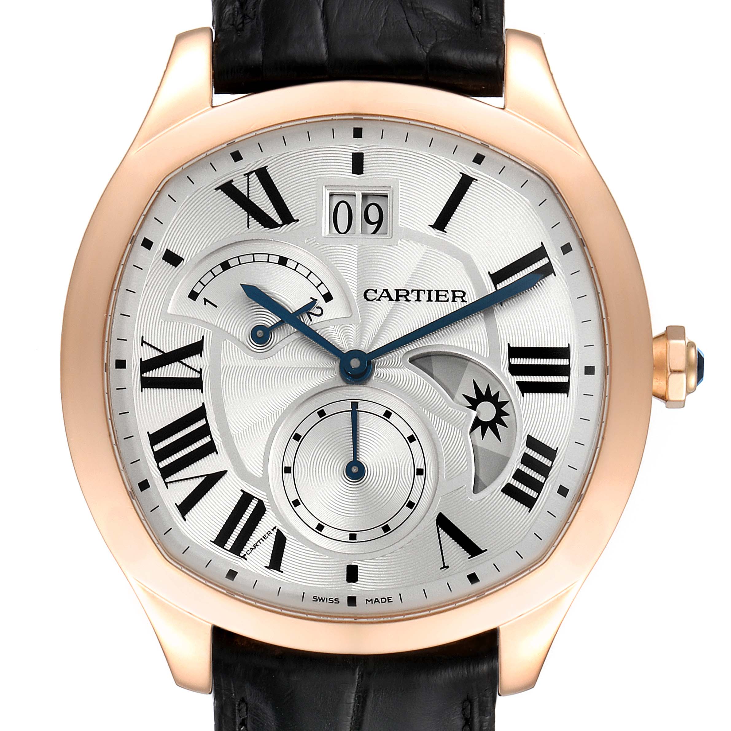 The Drive de Cartier watch is shown from the front, highlighting its rose gold case, Roman numerals, and subdials.