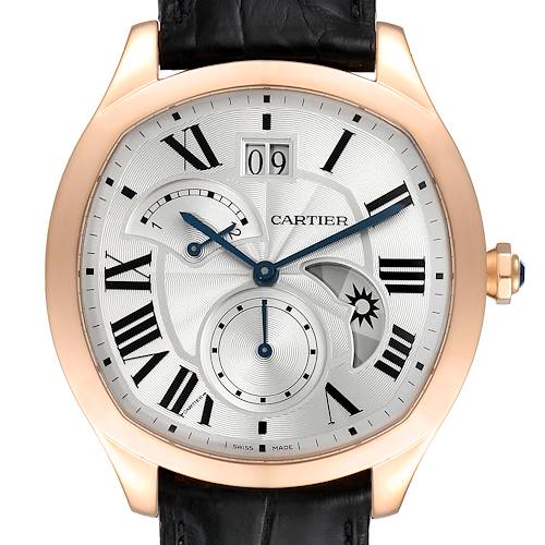 The Drive de Cartier watch by Cartier is shown from the front, featuring Roman numerals, a date window, and a subdial.