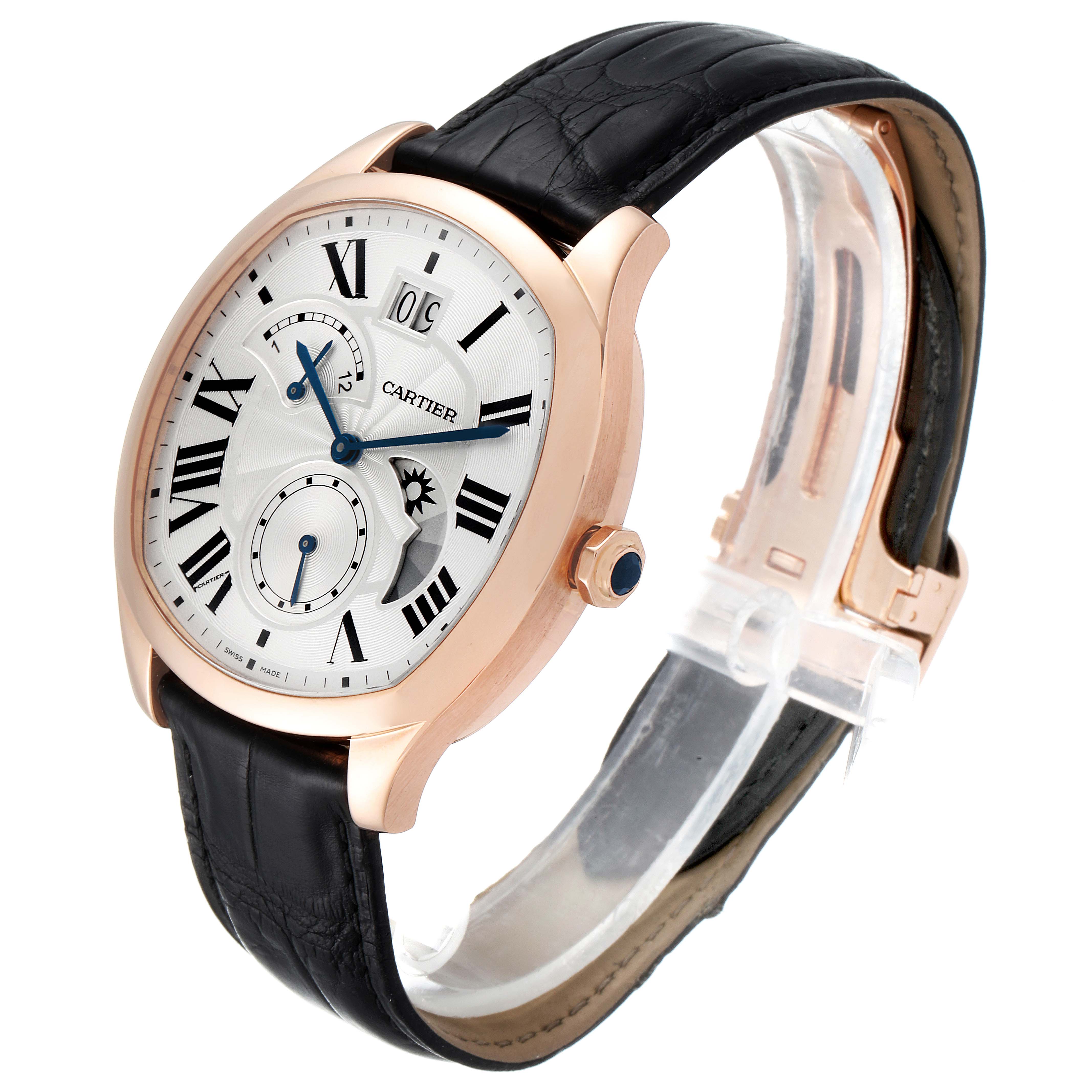 The Drive de Cartier watch is shown at a three-quarter angle, highlighting the dial, crown, and black leather strap.