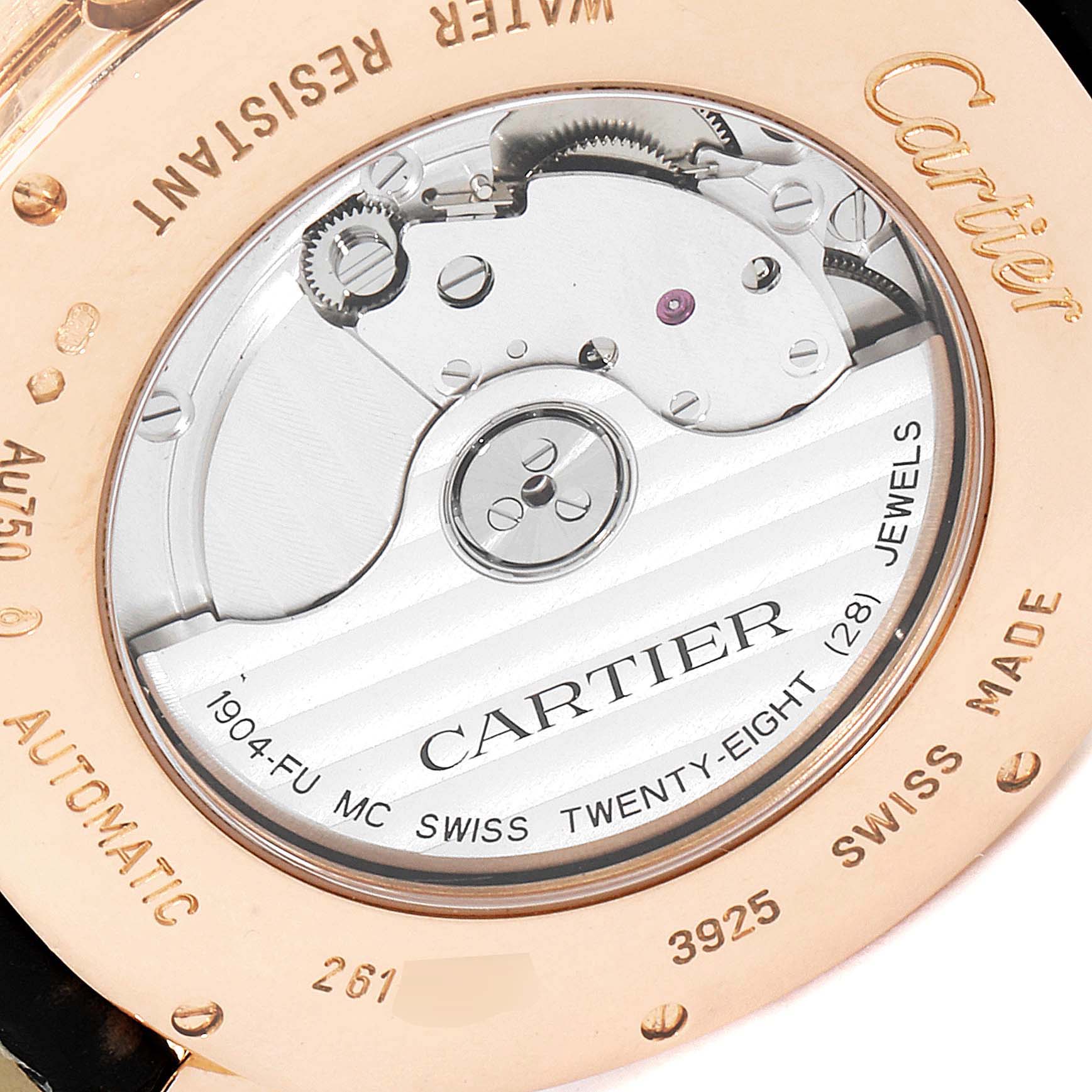 The image shows the back view of a Drive de Cartier watch by Cartier, showcasing its automatic movement and engravings.