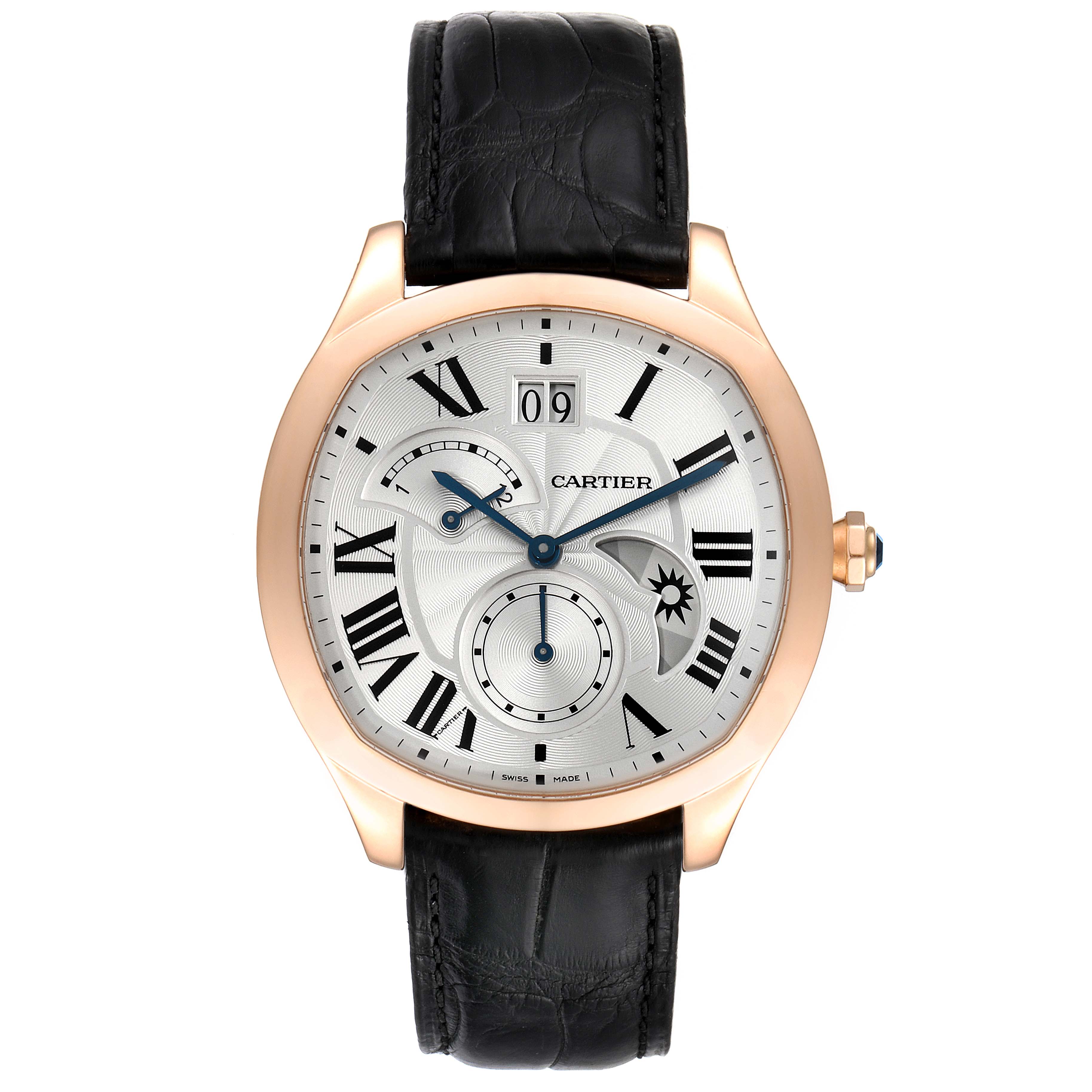 The Drive de Cartier watch is shown from a front view, highlighting the dial, Roman numerals, and the black leather strap.