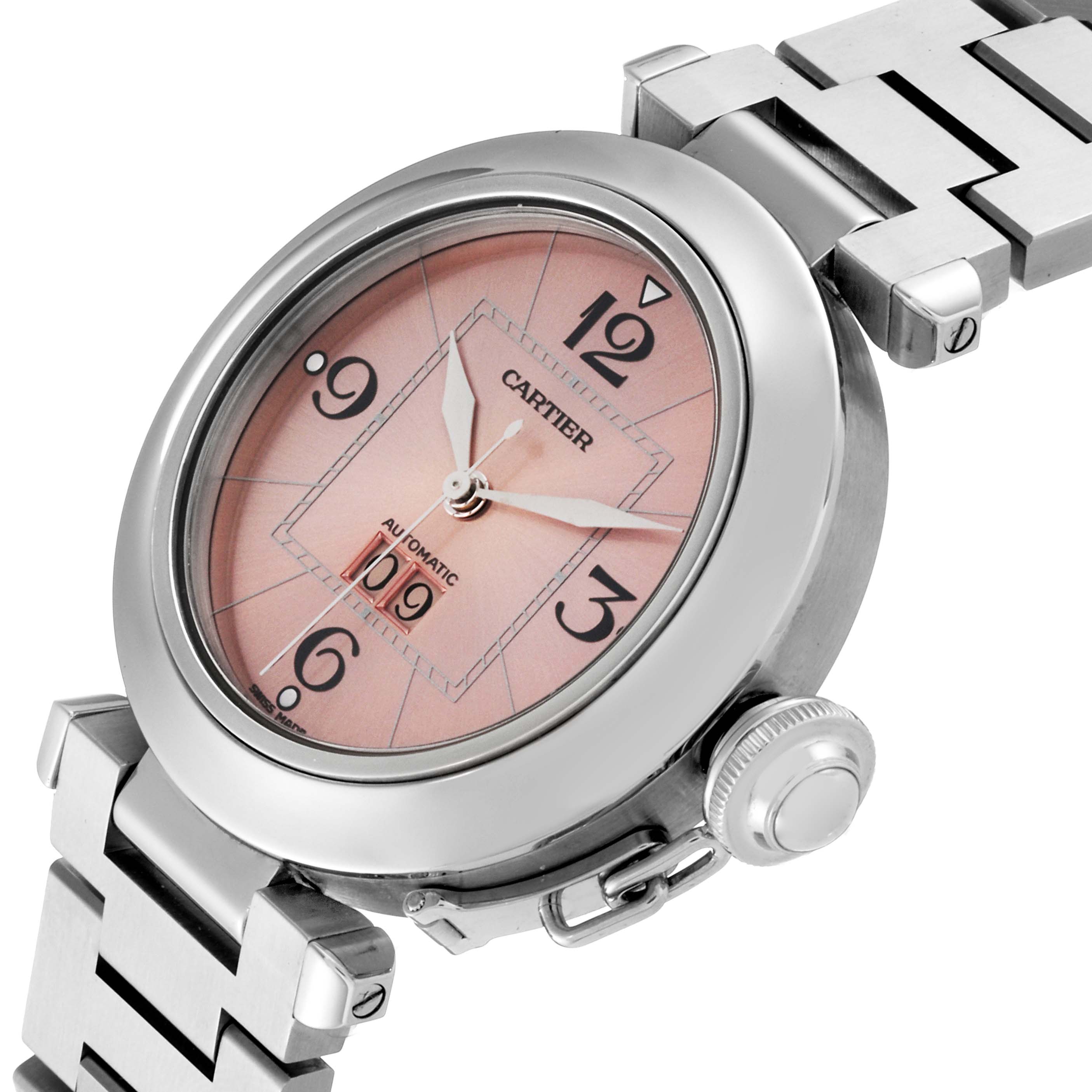 The image shows the face and partial bracelet of a Cartier Pasha W31058M7 Women's Stainless Steel Pink Dial W31058M7 Women's Stainless Steel Pink Dial watch at an angled view.
