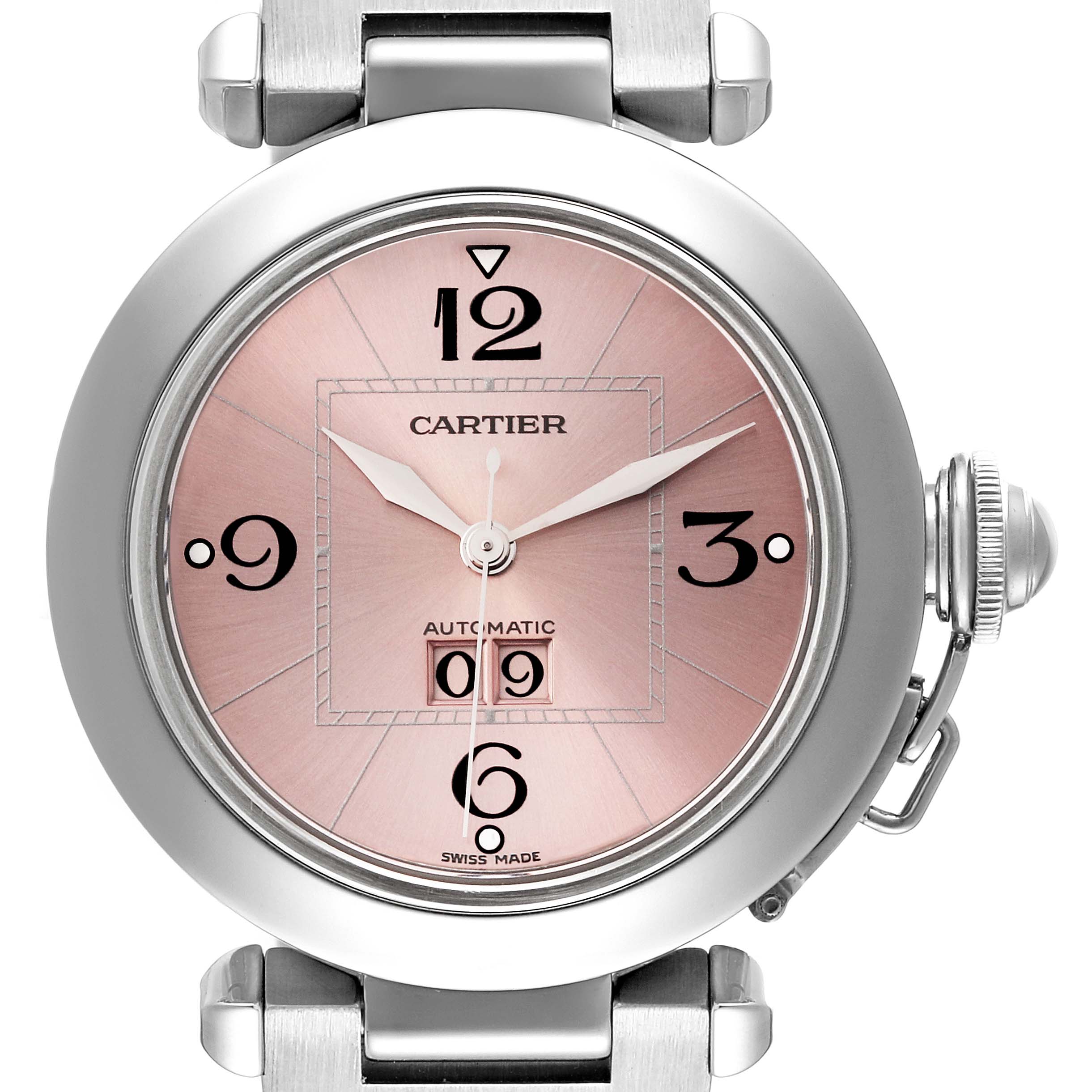 This image shows a frontal view of a Cartier Pasha W31058M7 Women's Stainless Steel Pink Dial W31058M7 Women's Stainless Steel Pink Dial watch, highlighting its dial, hands, and crown.