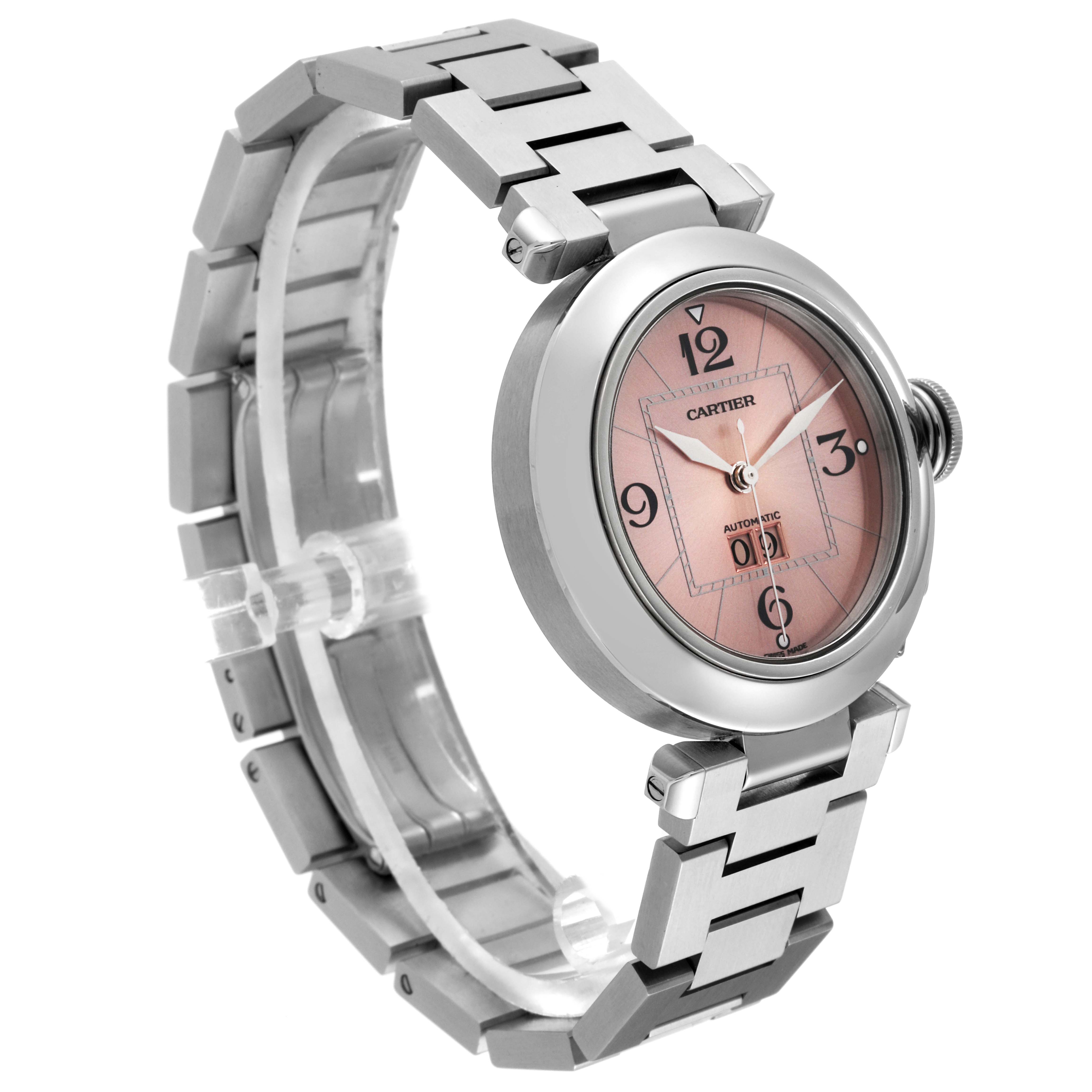 The image shows a Cartier Pasha W31058M7 Women's Stainless Steel Pink Dial W31058M7 Women's Stainless Steel Pink Dial watch angled to display the face, bezel, bracelet, and crown.