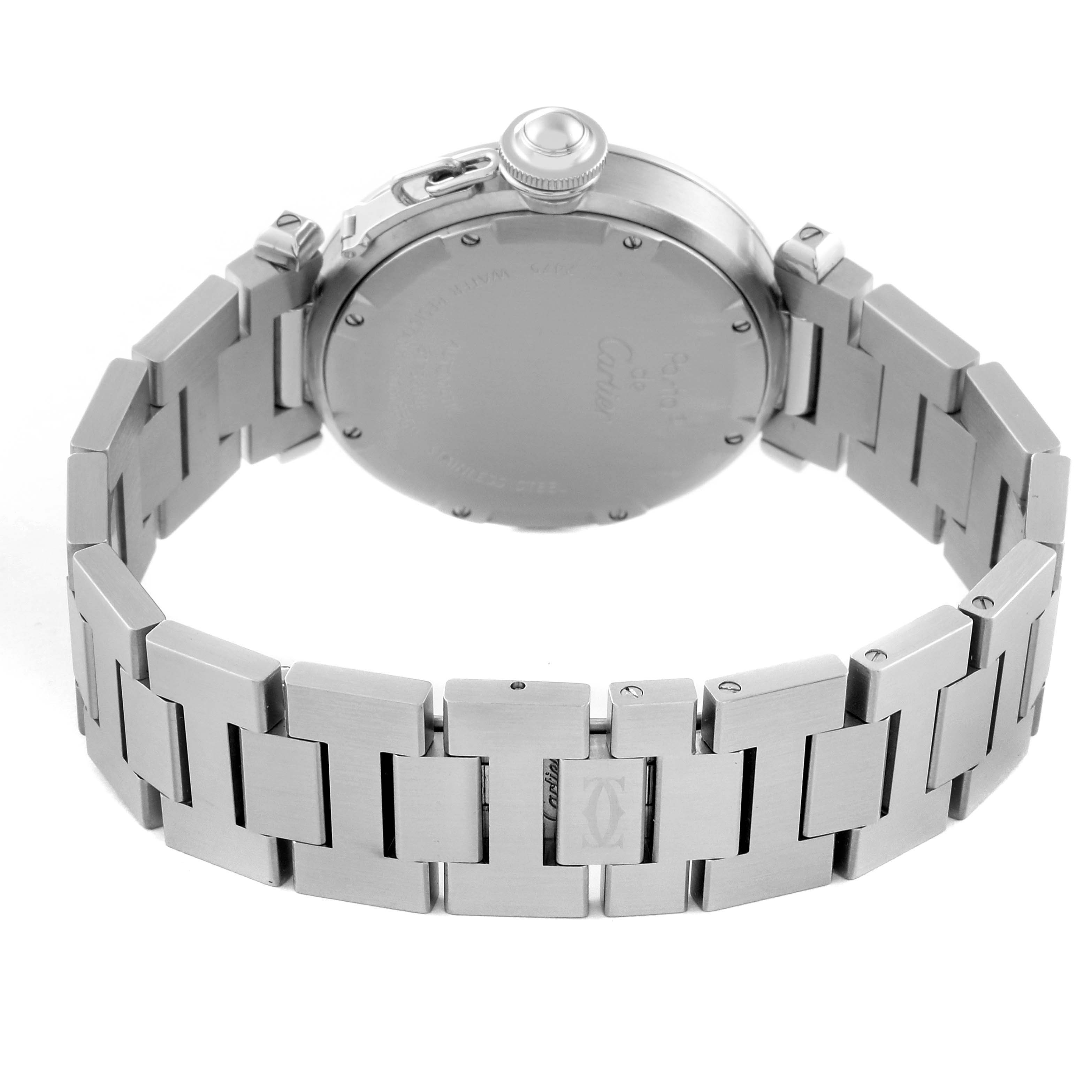 The image shows the back case and metal bracelet of a Cartier Pasha W31058M7 Women's Stainless Steel Pink Dial W31058M7 Women's Stainless Steel Pink Dial watch viewed at an angle focused on the clasp and case back.