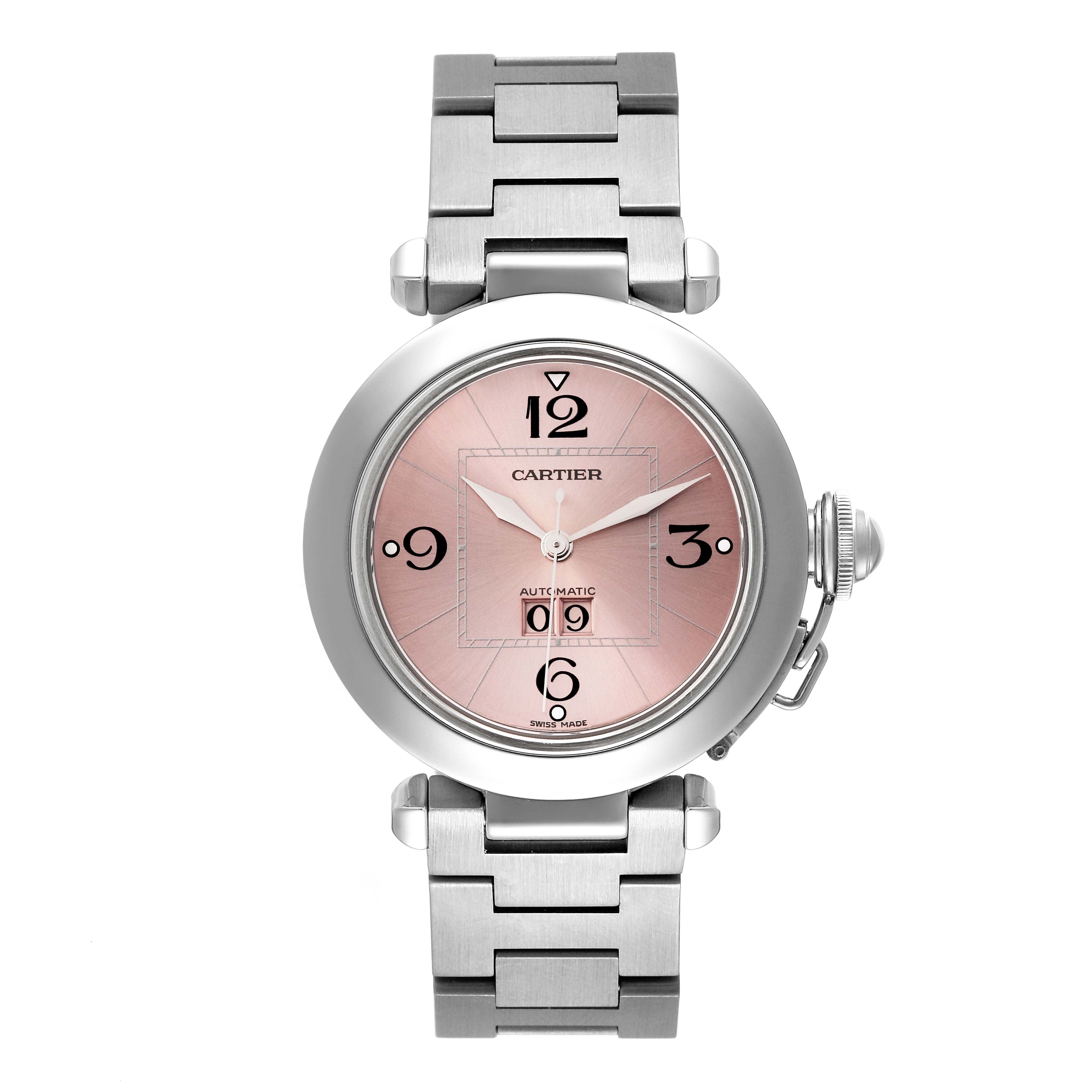 This image shows a front view of the Cartier Pasha W31058M7 Women's Stainless Steel Pink Dial W31058M7 Women's Stainless Steel Pink Dial watch, highlighting its face, bracelet, and crown.