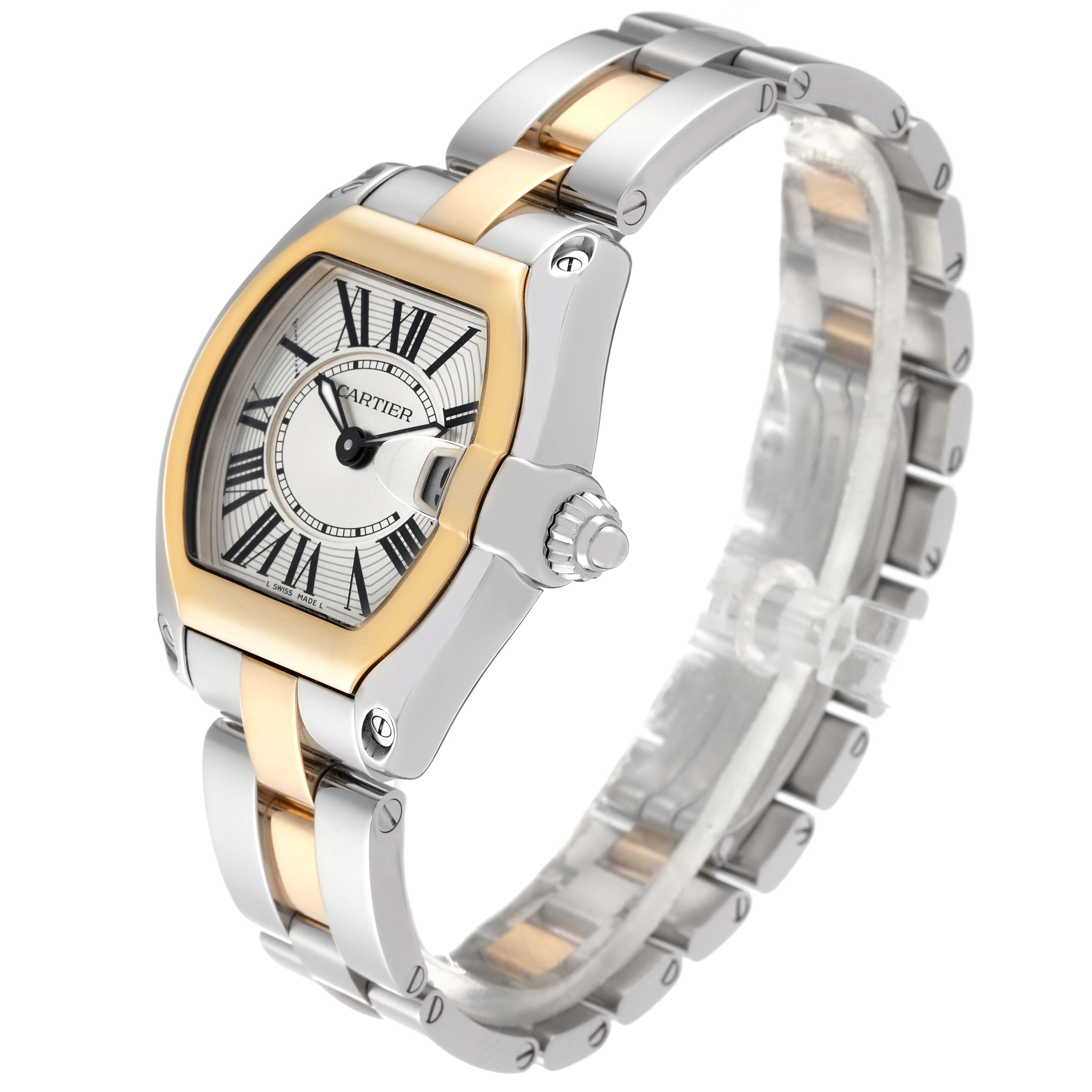 The Cartier Roadster W62026Y4 Women
s Steel and Gold (two tone) Silver Dial W62026Y4 Women
s Steel and Gold (two tone) Silver Dial watch is shown at a three-quarter angle, highlighting the face, bezel, crown, and a portion of the bracelet.