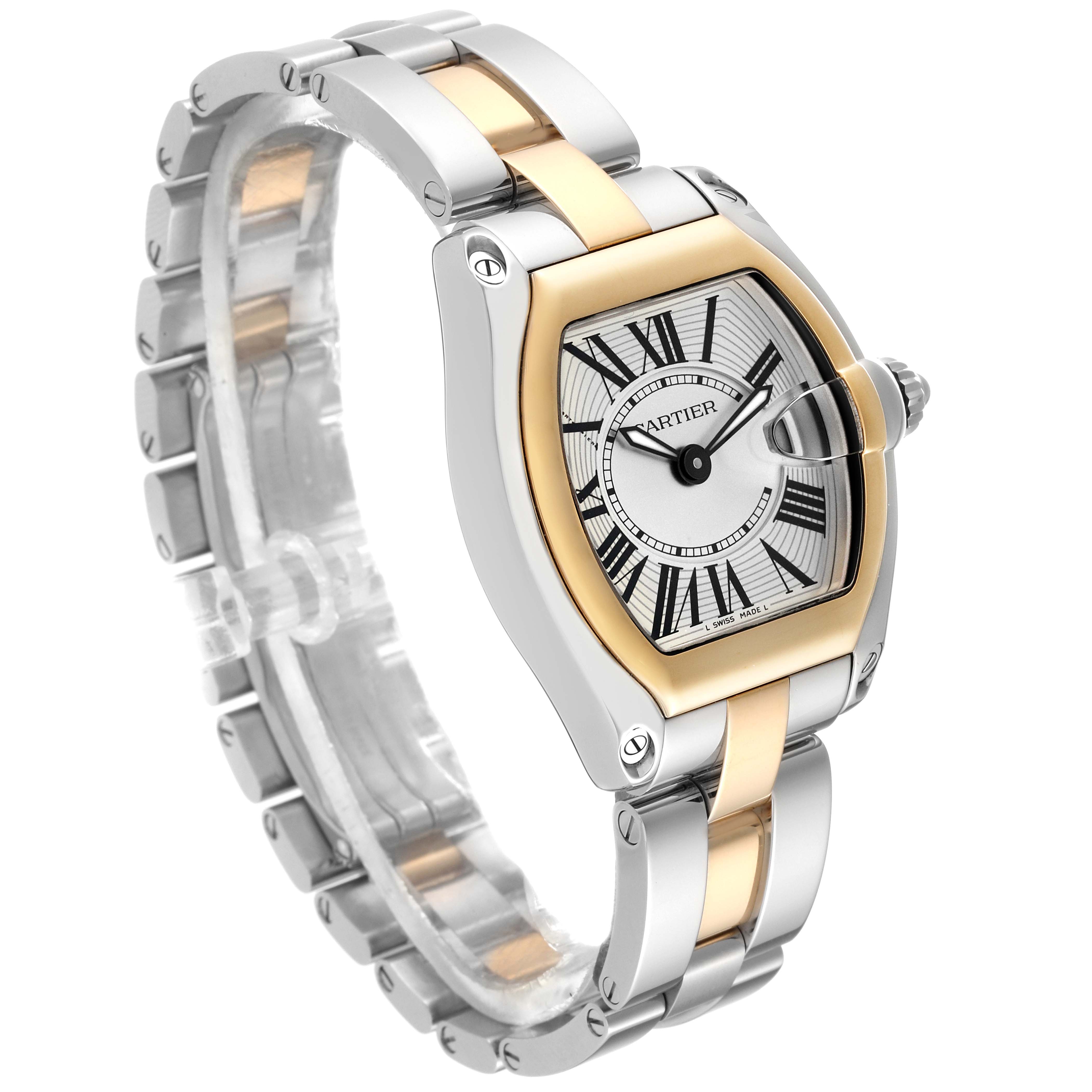 The image shows a side-angle view of the Cartier Roadster W62026Y4 Women
s Steel and Gold (two tone) Silver Dial W62026Y4 Women
s Steel and Gold (two tone) Silver Dial watch, including the face, bezel, crown, and two-tone metal bracelet.