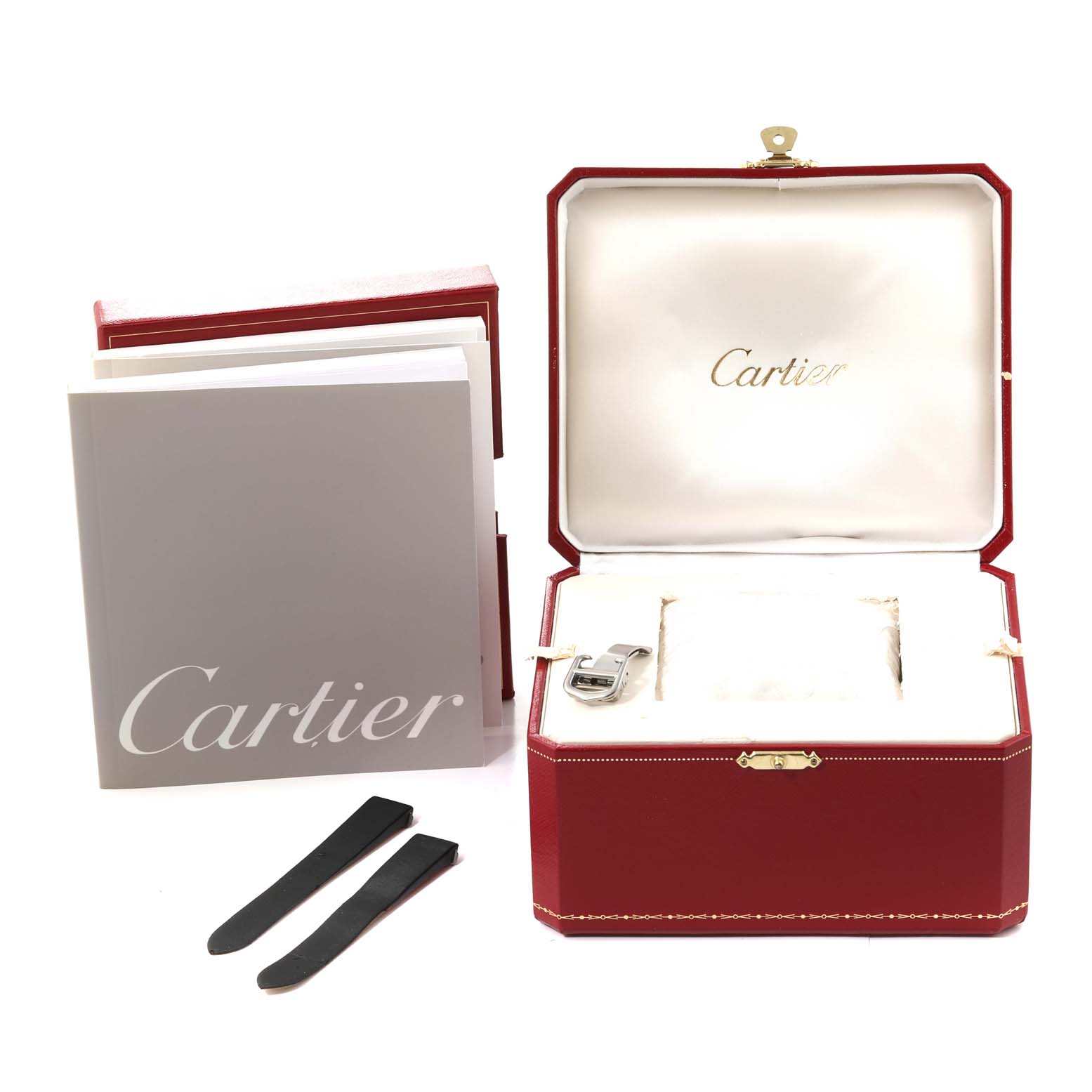 The image shows a Cartier Roadster W62026Y4 Women
s Steel and Gold (two tone) Silver Dial W62026Y4 Women
s Steel and Gold (two tone) Silver Dial watch box set including the box, user manuals, and watch accessories.