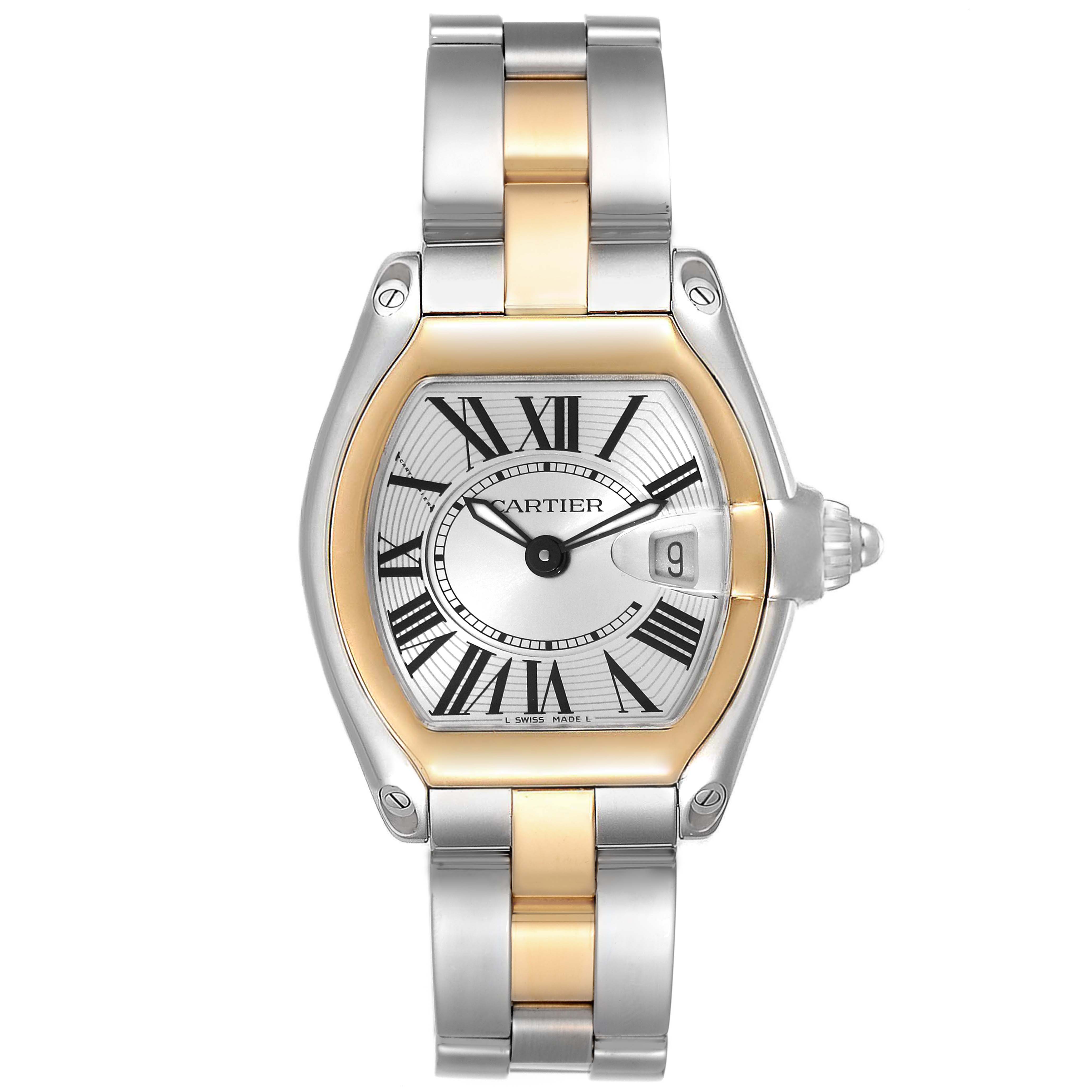 The Cartier Roadster W62026Y4 Women
s Steel and Gold (two tone) Silver Dial W62026Y4 Women
s Steel and Gold (two tone) Silver Dial watch is shown from a top-down angle, displaying the face, bezel, and bracelet.
