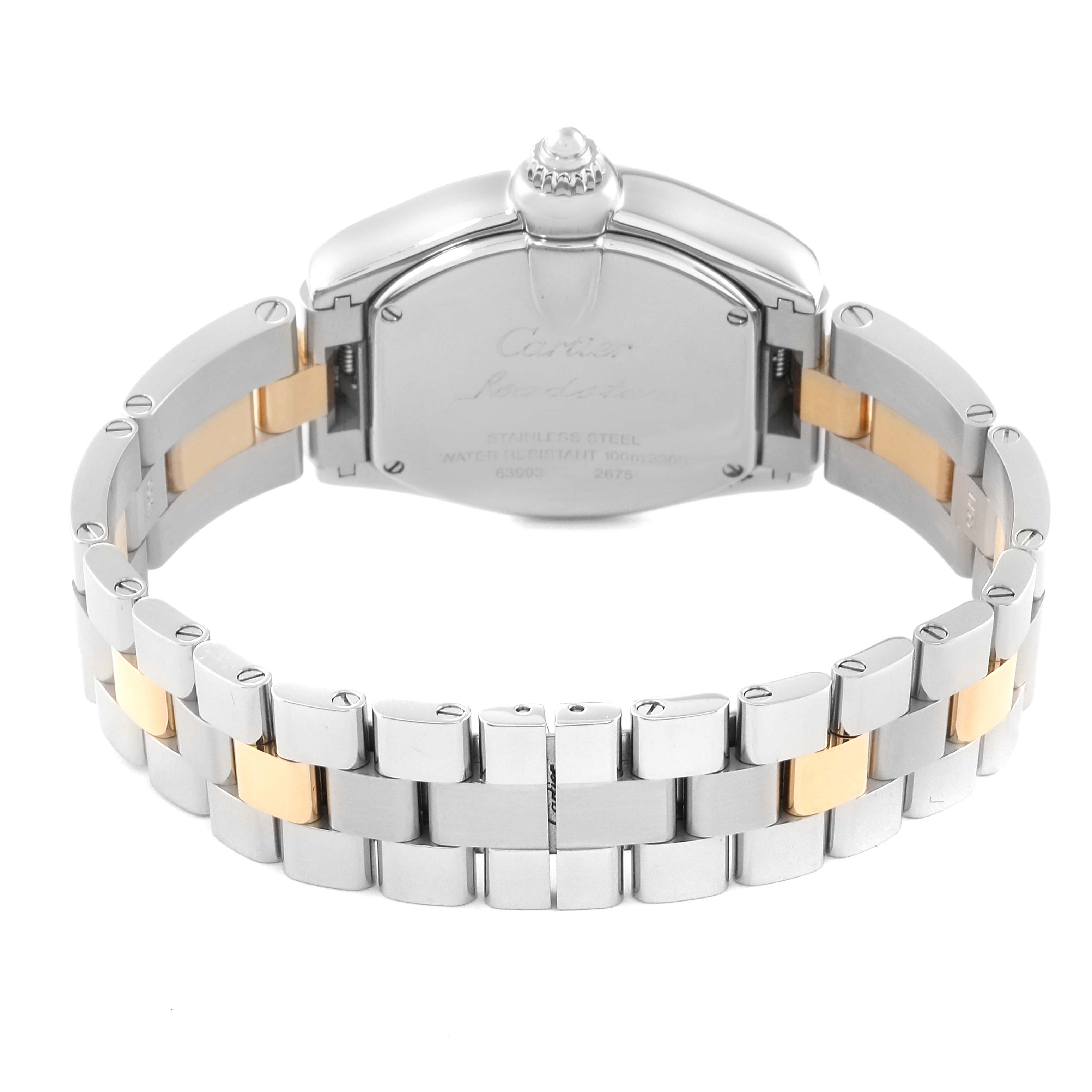 The image shows the Cartier Roadster W62026Y4 Women
s Steel and Gold (two tone) Silver Dial W62026Y4 Women
s Steel and Gold (two tone) Silver Dial watch from the back, highlighting the stainless steel and gold bracelet.
