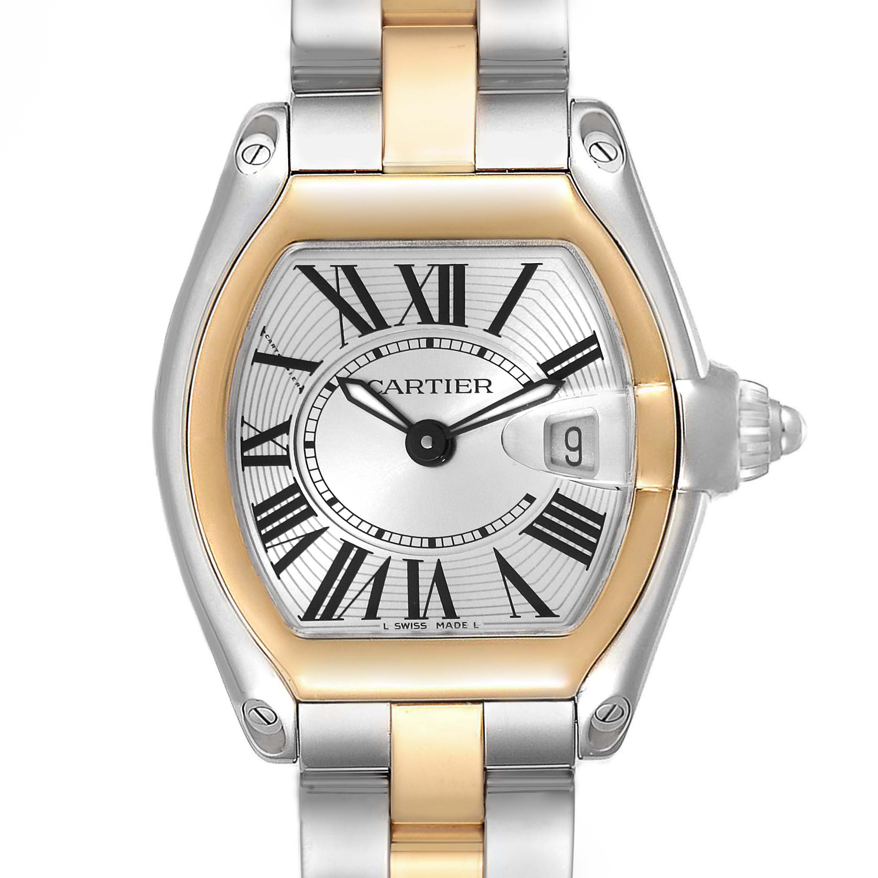 This image shows the face and bracelet of the Cartier Roadster W62026Y4 Women
s Steel and Gold (two tone) Silver Dial W62026Y4 Women
s Steel and Gold (two tone) Silver Dial watch, highlighting its Roman numerals, date window, and two-tone design.