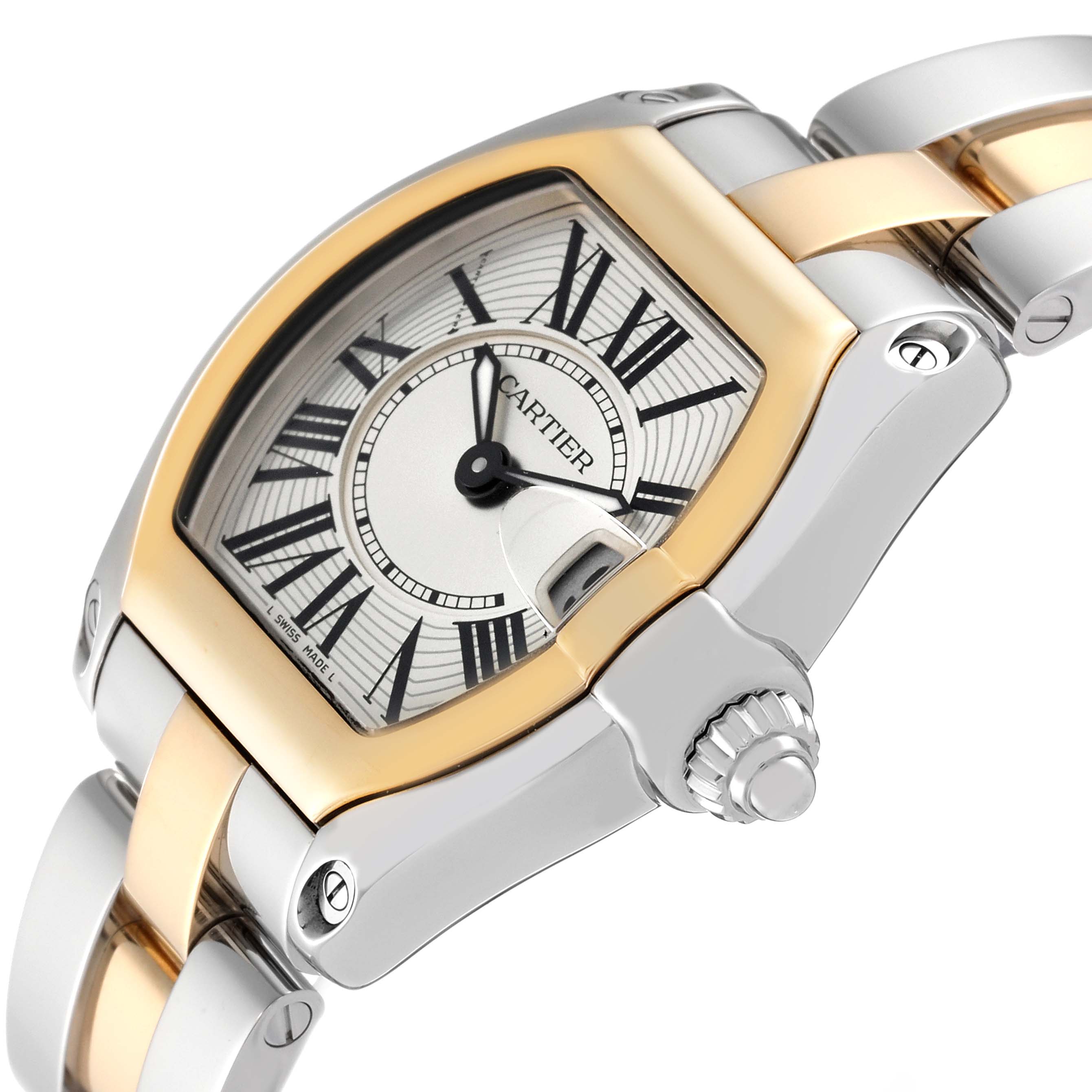The Cartier Roadster W62026Y4 Women
s Steel and Gold (two tone) Silver Dial W62026Y4 Women
s Steel and Gold (two tone) Silver Dial watch is shown at an angled view, highlighting its dial, bezel, and part of the bracelet band.