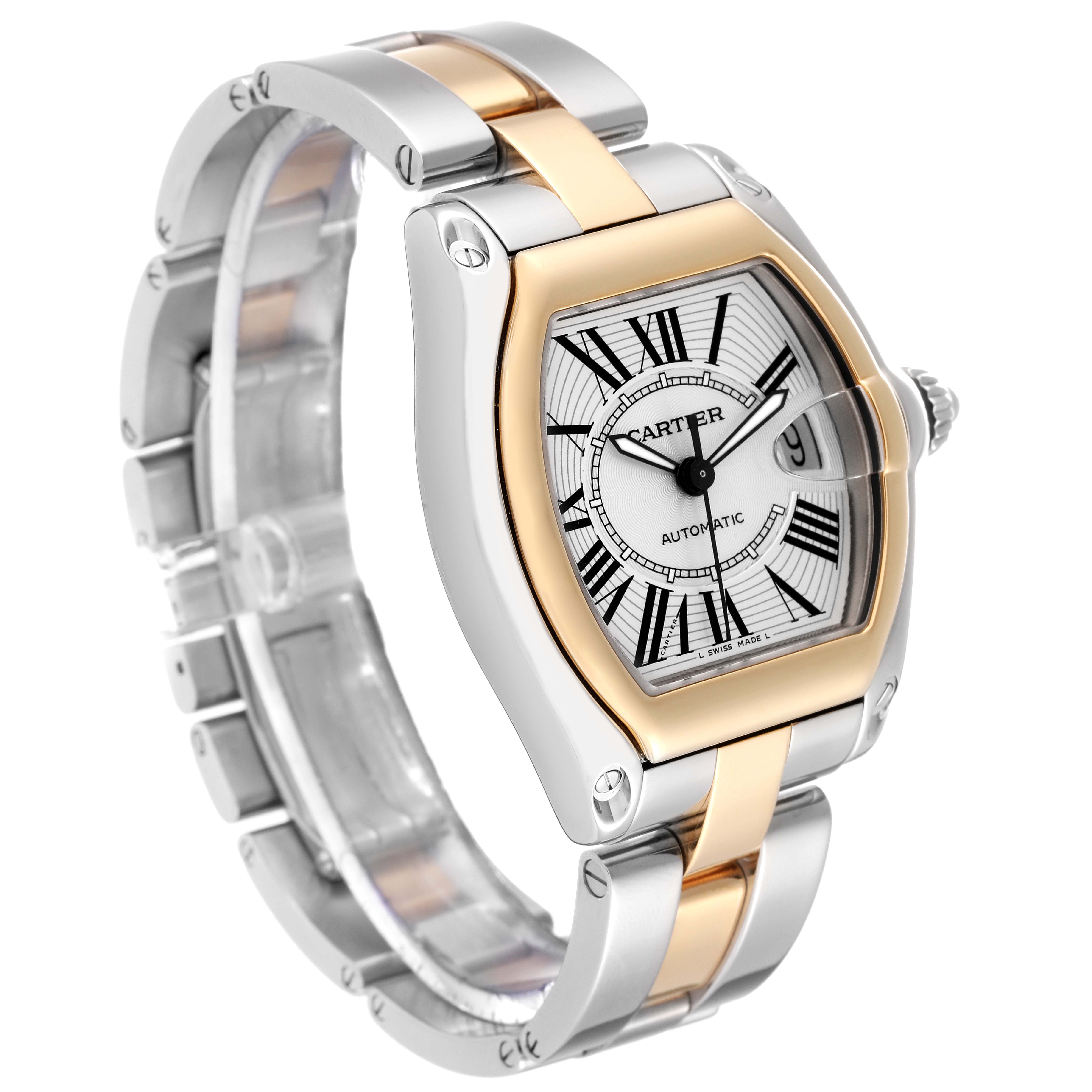 The image shows a Cartier Roadster W62031Y4 Men's Steel and Gold (two tone) Silver Dial W62031Y4 Men's Steel and Gold (two tone) Silver Dial watch from a three-quarter angled view, highlighting its two-tone metal band and dial.