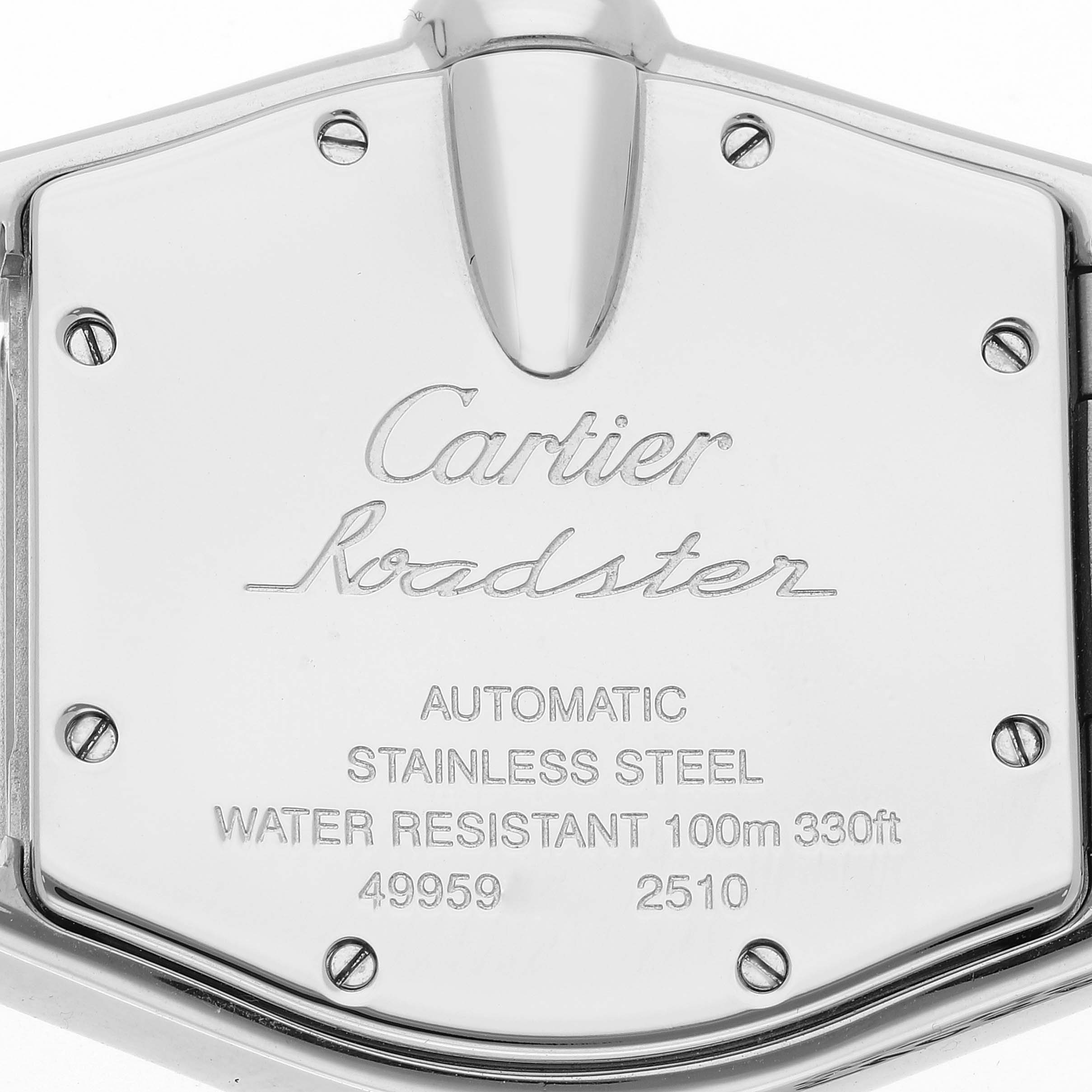 This image shows the back case of a Cartier Roadster W62031Y4 Men's Steel and Gold (two tone) Silver Dial W62031Y4 Men's Steel and Gold (two tone) Silver Dial watch, highlighting its branding and specifications.