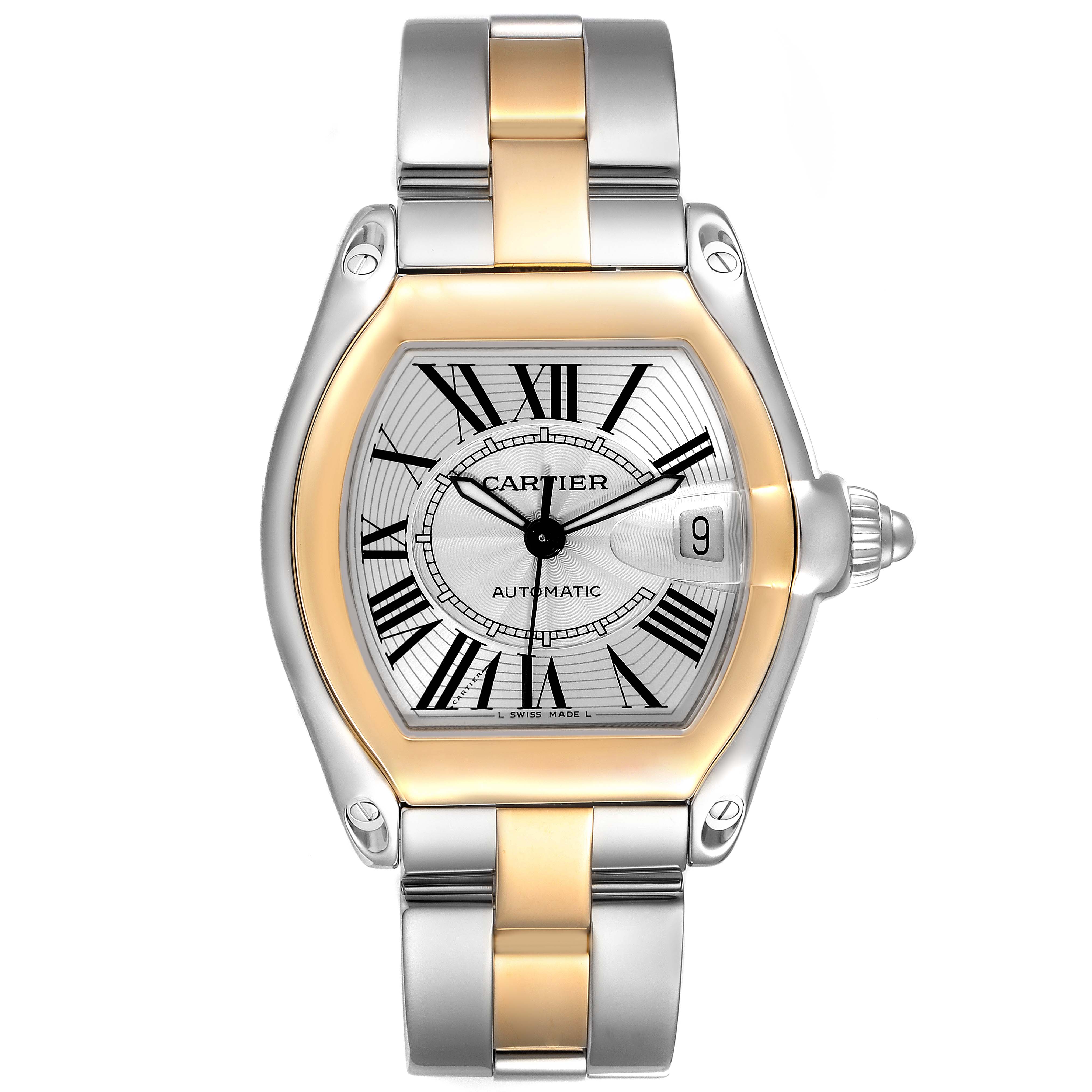 This image shows a front view of the Cartier Roadster W62031Y4 Men's Steel and Gold (two tone) Silver Dial W62031Y4 Men's Steel and Gold (two tone) Silver Dial watch, highlighting the face, dial, and bracelet.