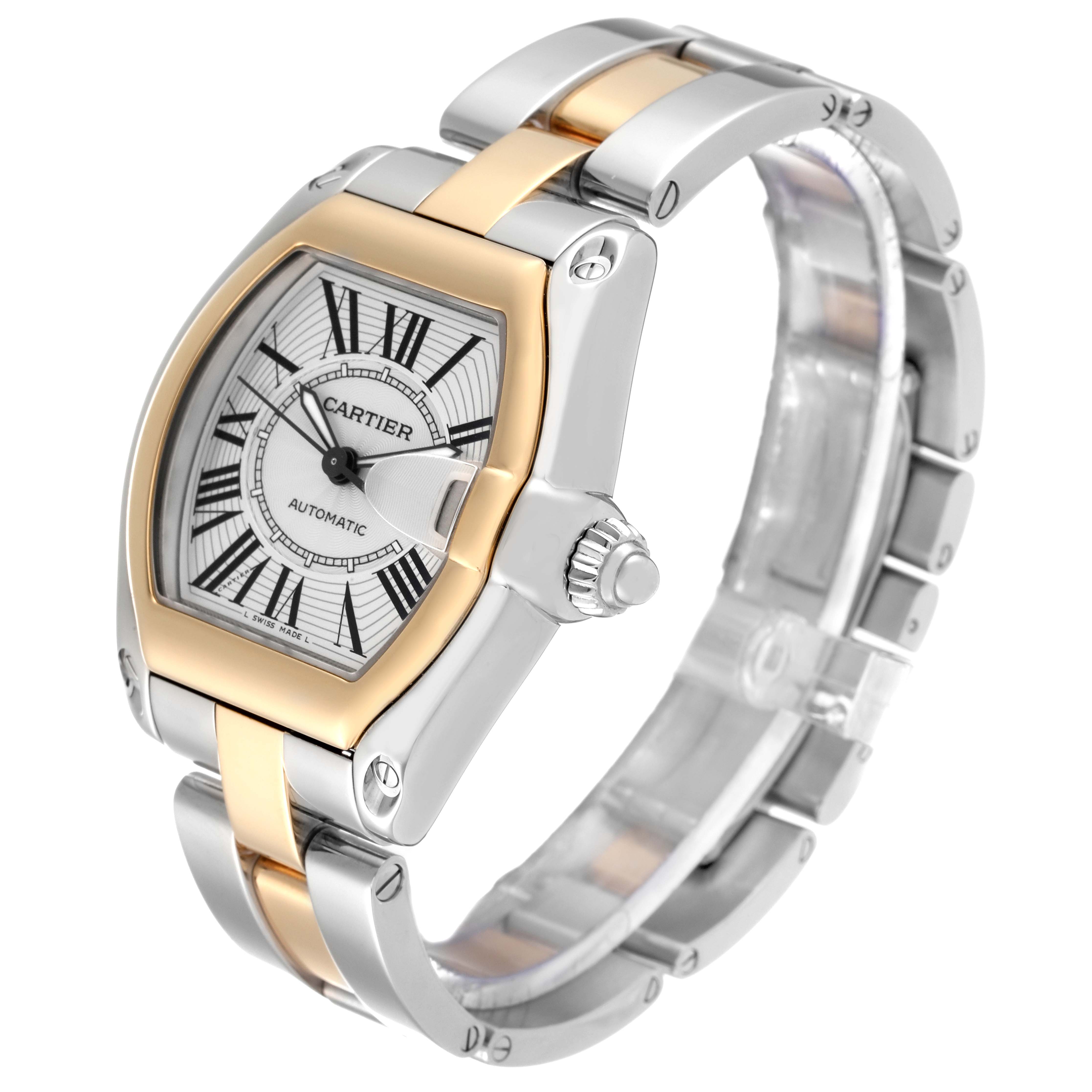 The image shows a Cartier Roadster W62031Y4 Men's Steel and Gold (two tone) Silver Dial W62031Y4 Men's Steel and Gold (two tone) Silver Dial watch at an angle highlighting its face, crown, and bracelet.