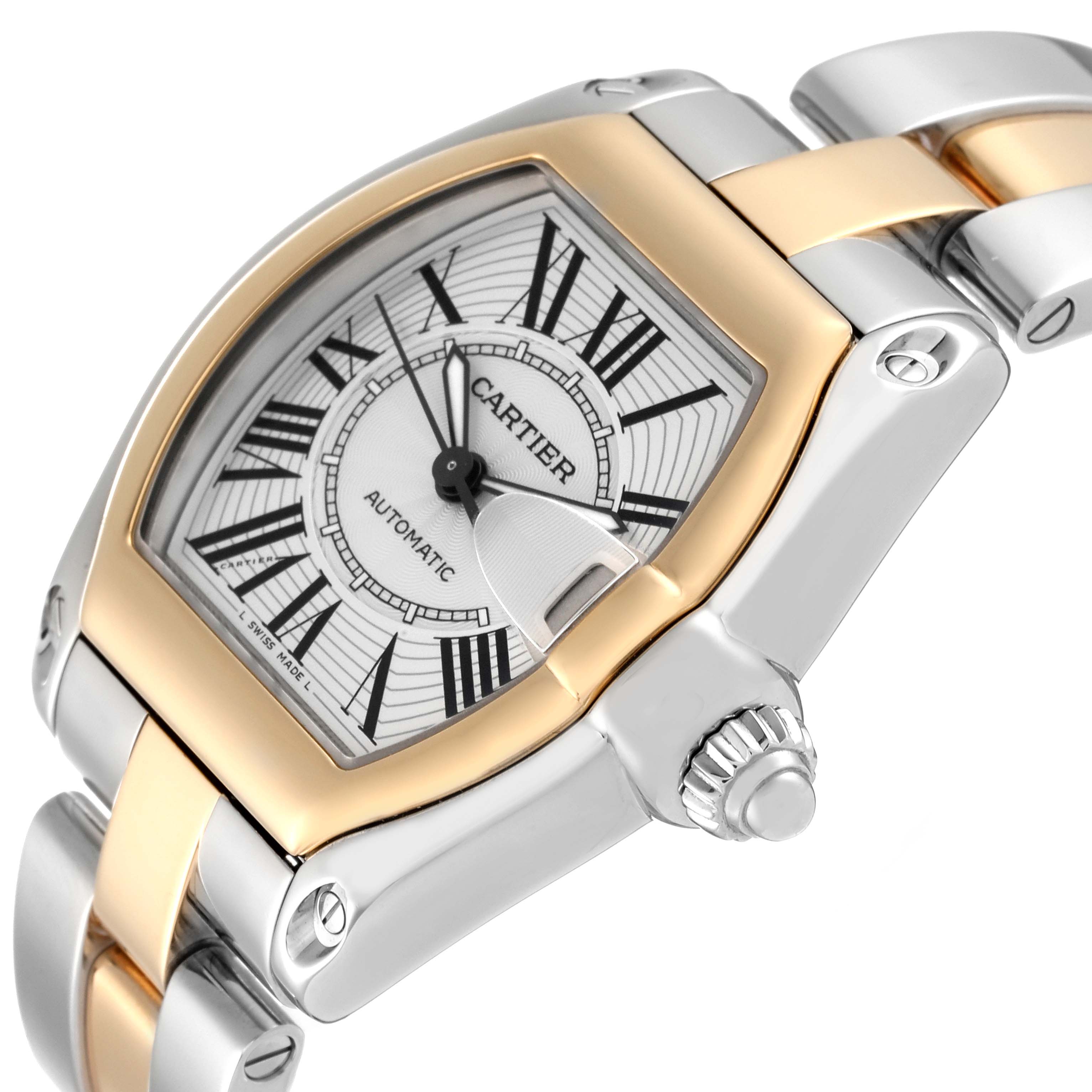 The image shows an angled view of the Cartier Roadster W62031Y4 Men's Steel and Gold (two tone) Silver Dial W62031Y4 Men's Steel and Gold (two tone) Silver Dial watch, highlighting the dial, bezel, and bracelet.