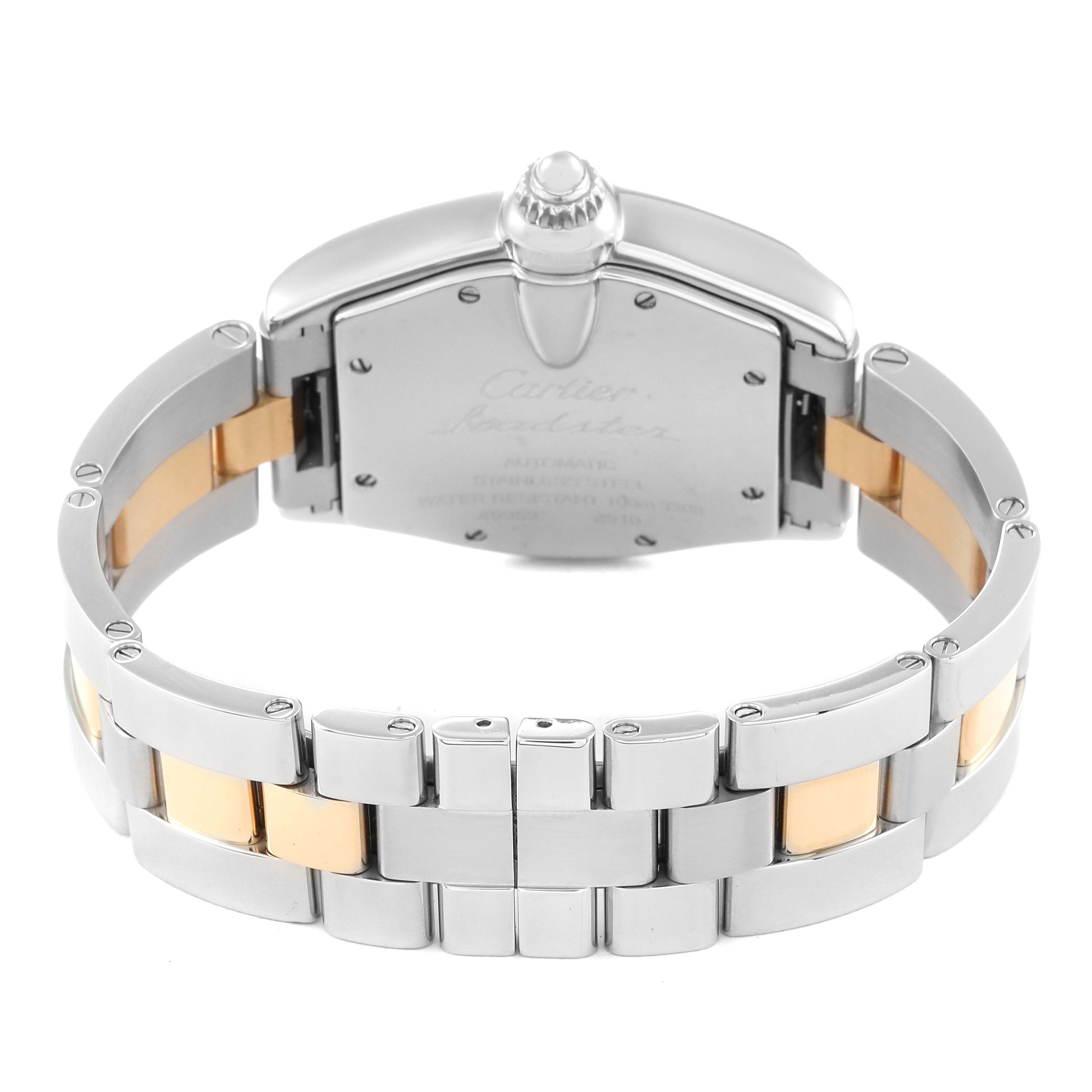The image shows the back and clasp of a Cartier Roadster W62031Y4 Men's Steel and Gold (two tone) Silver Dial W62031Y4 Men's Steel and Gold (two tone) Silver Dial watch with a two-tone metal bracelet.