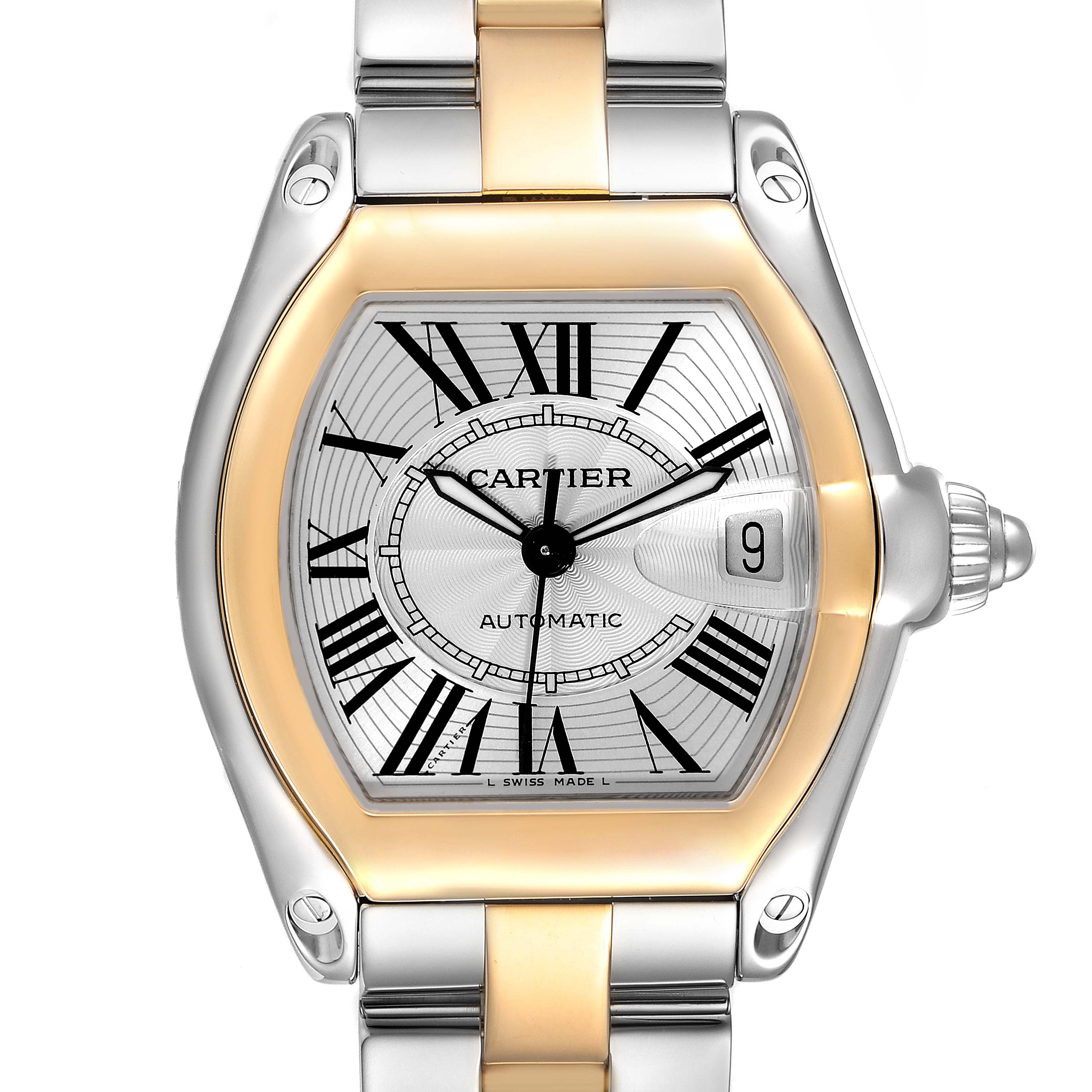 The Cartier Roadster W62031Y4 Men's Steel and Gold (two tone) Silver Dial W62031Y4 Men's Steel and Gold (two tone) Silver Dial watch is shown from a front angle, displaying its dial, Roman numeral markers, and bracelet.