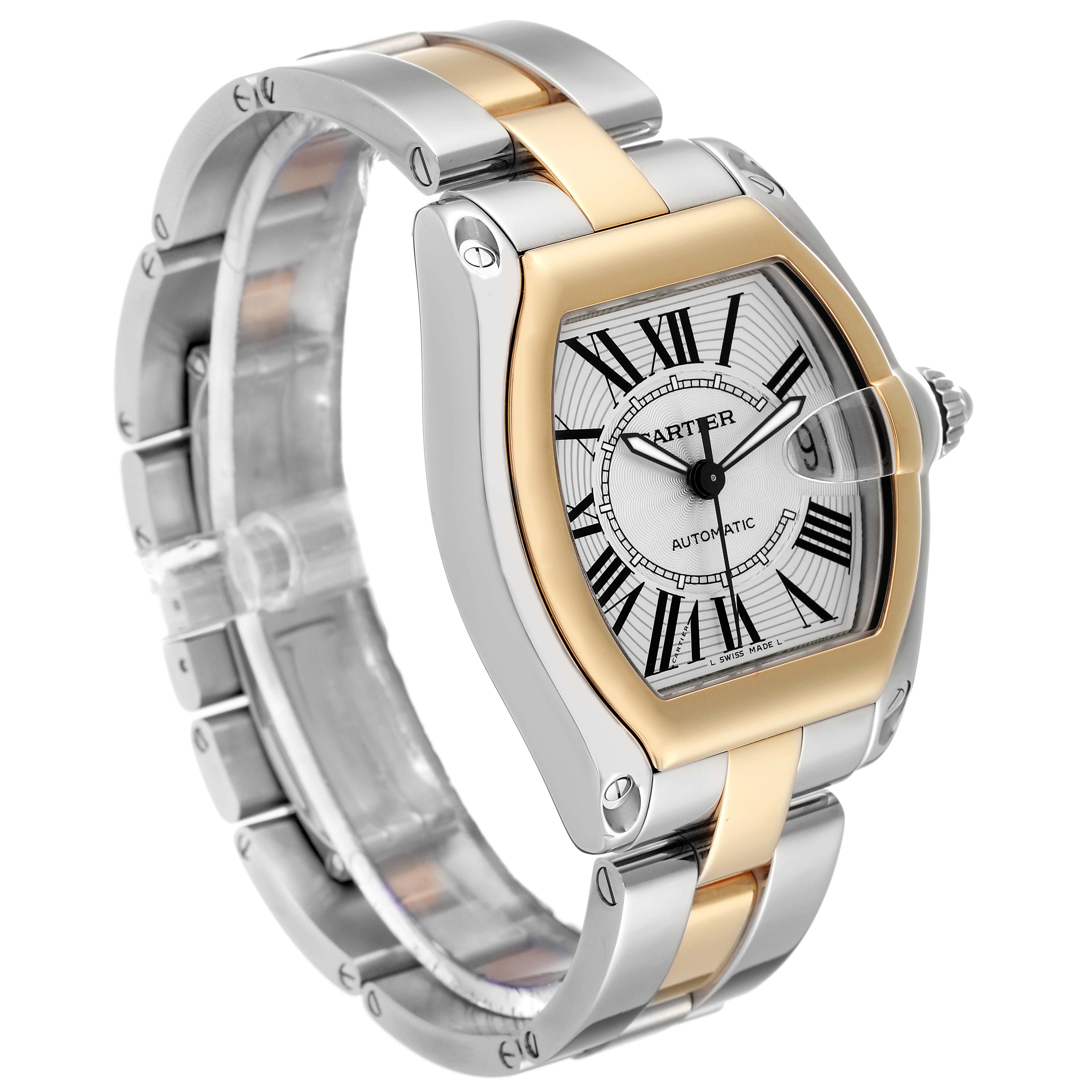 The Cartier Roadster W62031Y4 Men's Steel and Gold (two tone) Silver Dial W62031Y4 Men's Steel and Gold (two tone) Silver Dial watch is shown at an angle that highlights its face, bezel, and part of the bracelet.