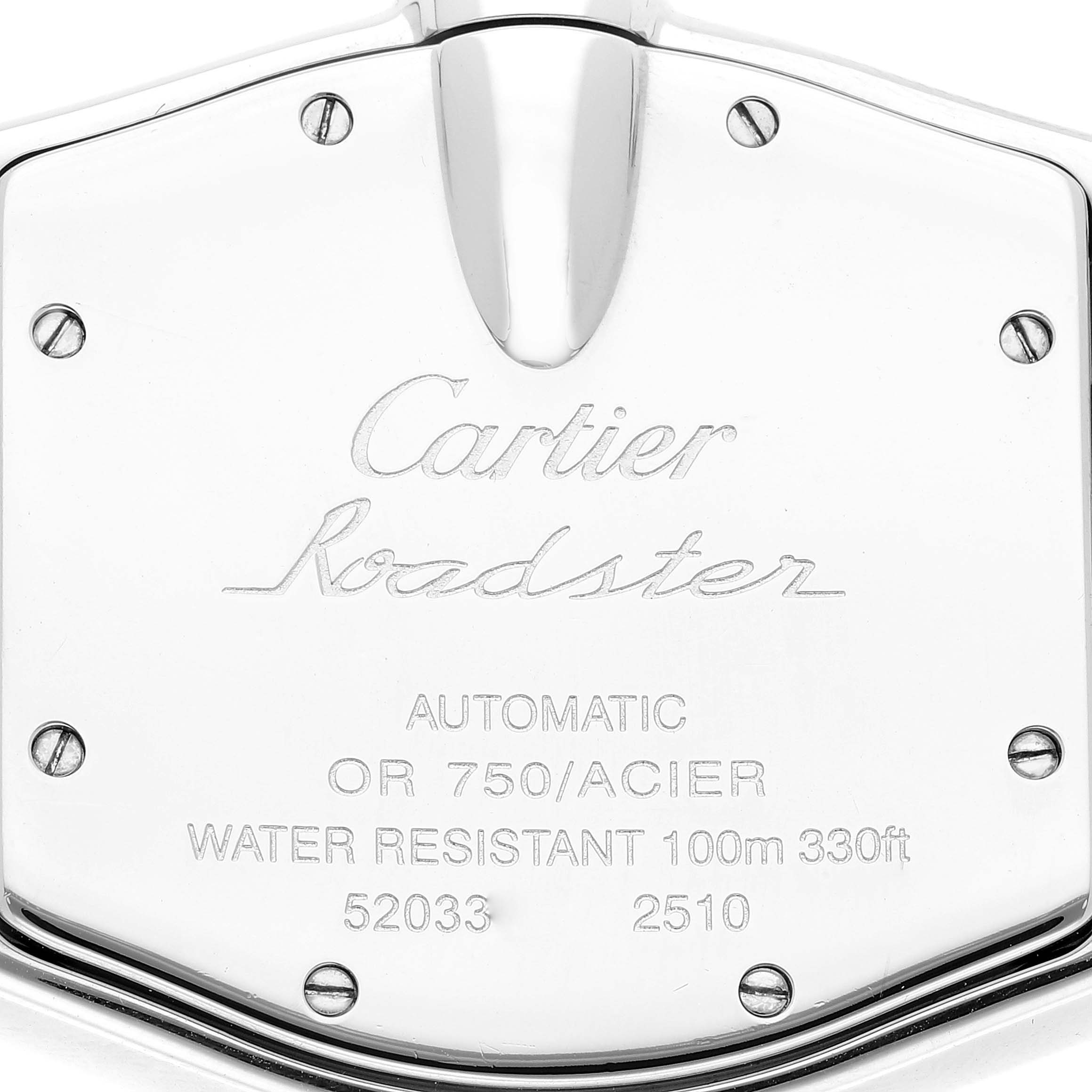 The image shows the back casing of a Cartier Roadster W62031Y4 Men's Steel and Gold (two tone) Silver Dial W62031Y4 Men's Steel and Gold (two tone) Silver Dial watch, displaying the brand, model, and specifications.
