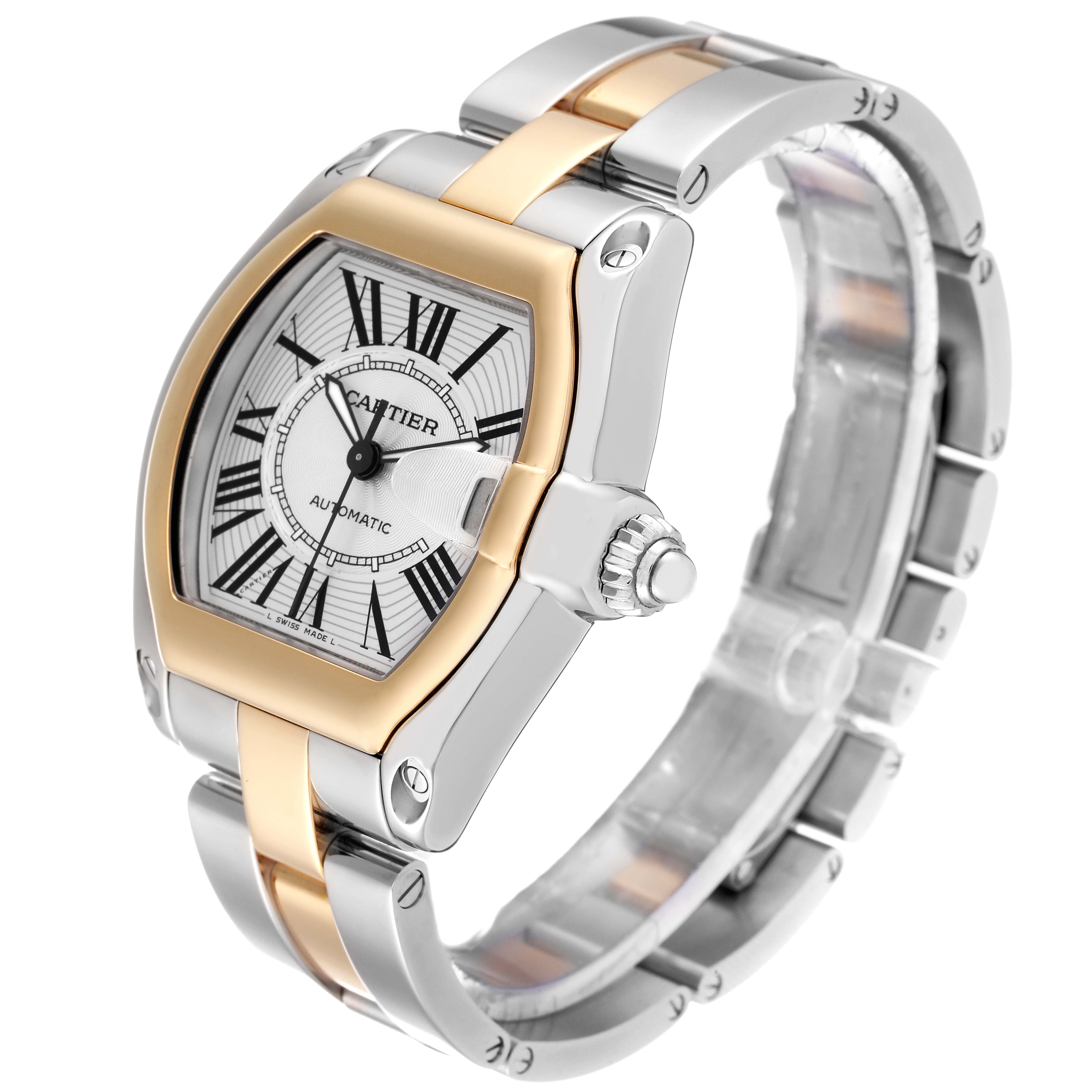 The image shows a side angle of the Cartier Roadster W62031Y4 Men's Steel and Gold (two tone) Silver Dial W62031Y4 Men's Steel and Gold (two tone) Silver Dial watch, highlighting the face, bezel, crown, and part of the bracelet.