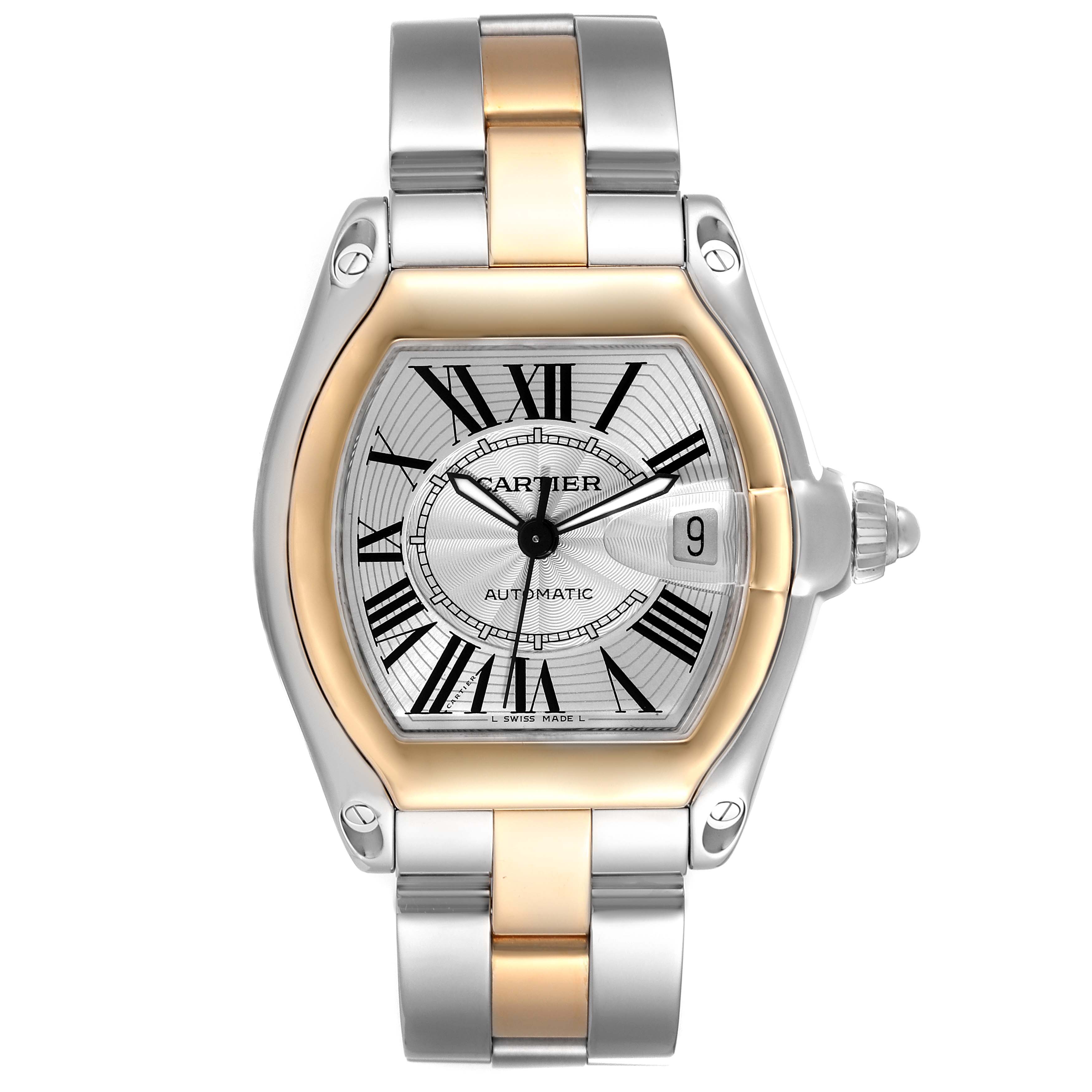 The Cartier Roadster W62031Y4 Men's Steel and Gold (two tone) Silver Dial W62031Y4 Men's Steel and Gold (two tone) Silver Dial watch is shown from a front angle, highlighting the two-tone bracelet, dial, and crown.
