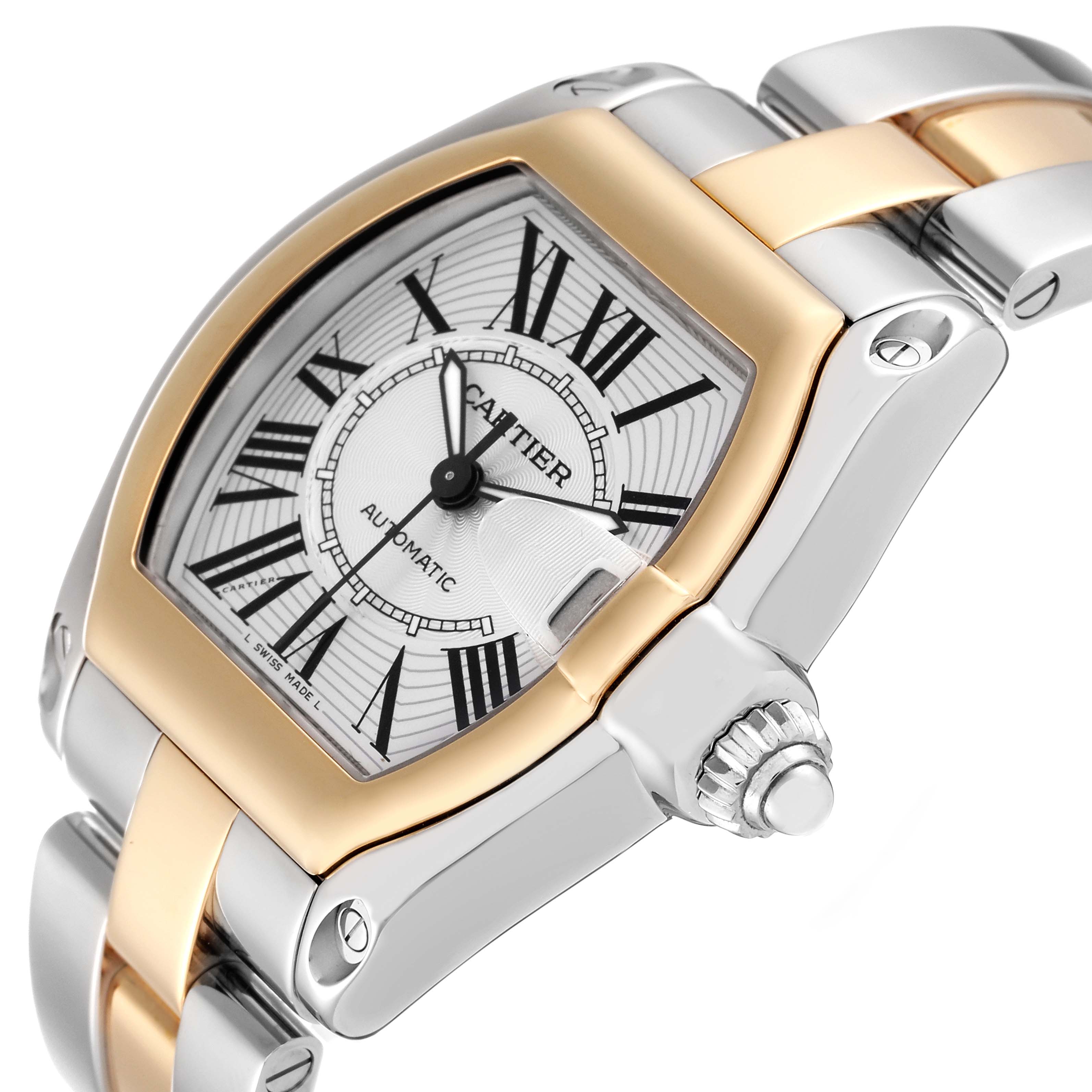 This image shows a close-up of the Cartier Roadster W62031Y4 Men's Steel and Gold (two tone) Silver Dial W62031Y4 Men's Steel and Gold (two tone) Silver Dial watch face, bezel, crown, and part of the metal bracelet.