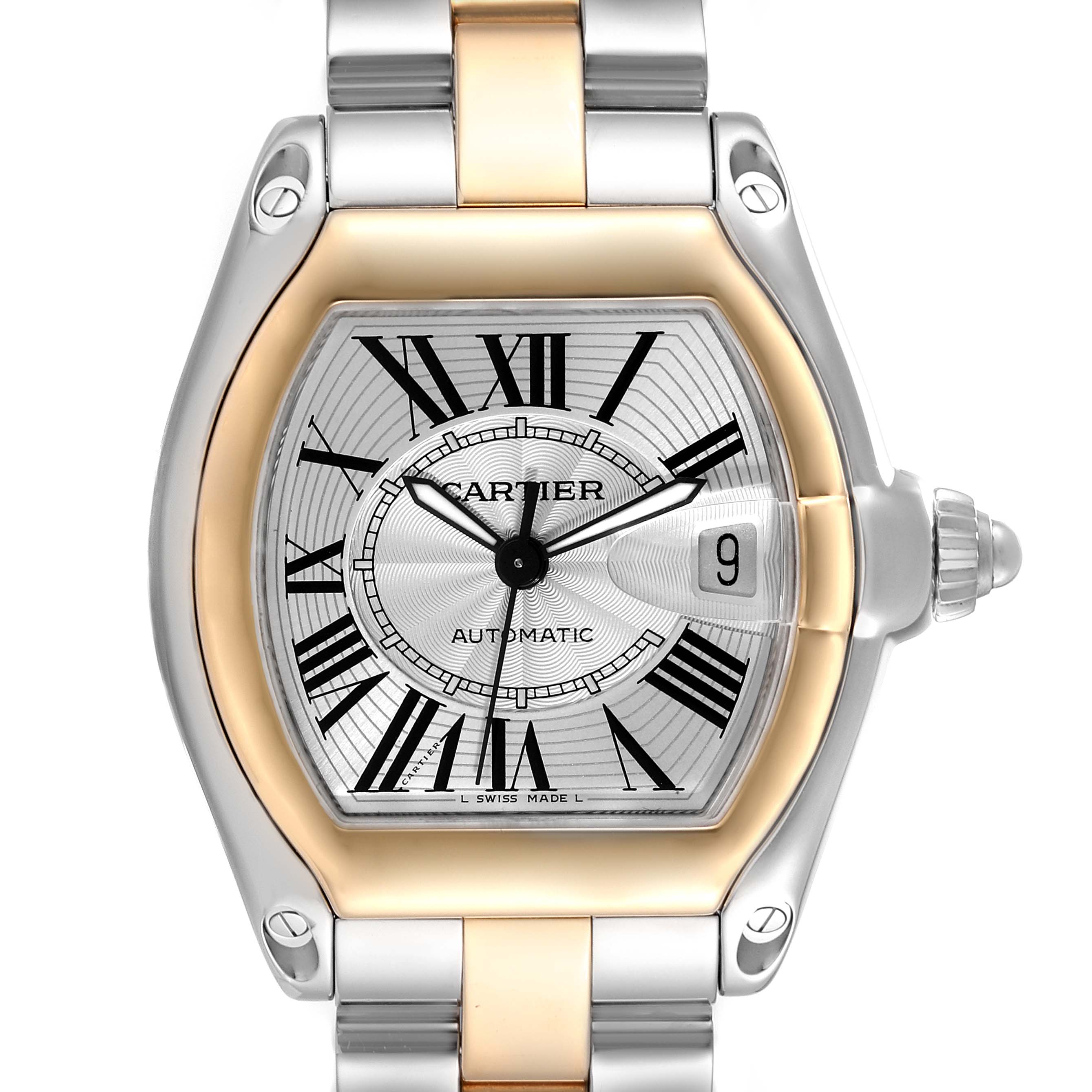 This Roadster model watch by Cartier is shown from the front, featuring its face, bezel, and part of the bracelet.