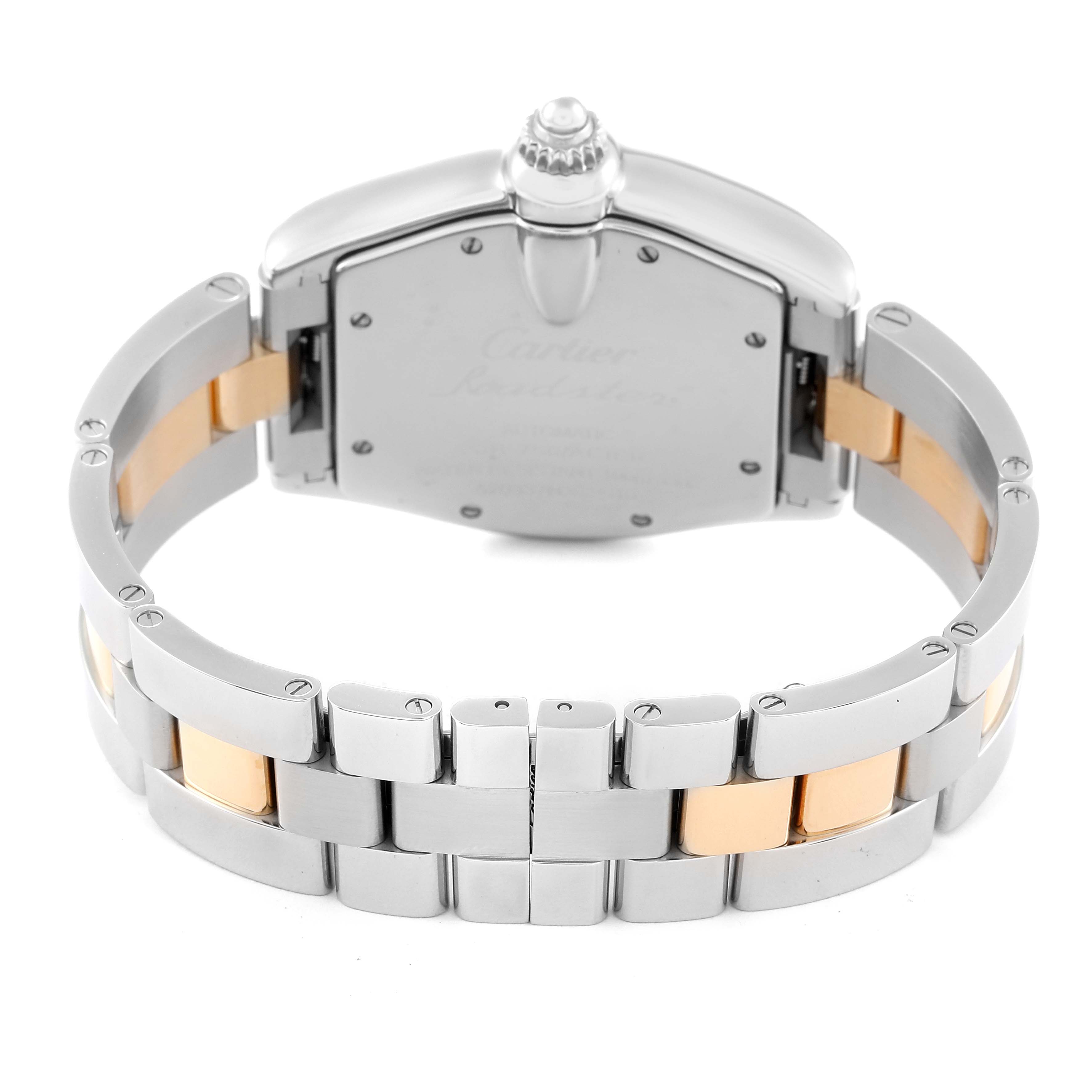This image shows the back view of a Cartier Roadster W62031Y4 Men's Steel and Gold (two tone) Silver Dial W62031Y4 Men's Steel and Gold (two tone) Silver Dial watch, highlighting its clasp and the two-tone metal bracelet.