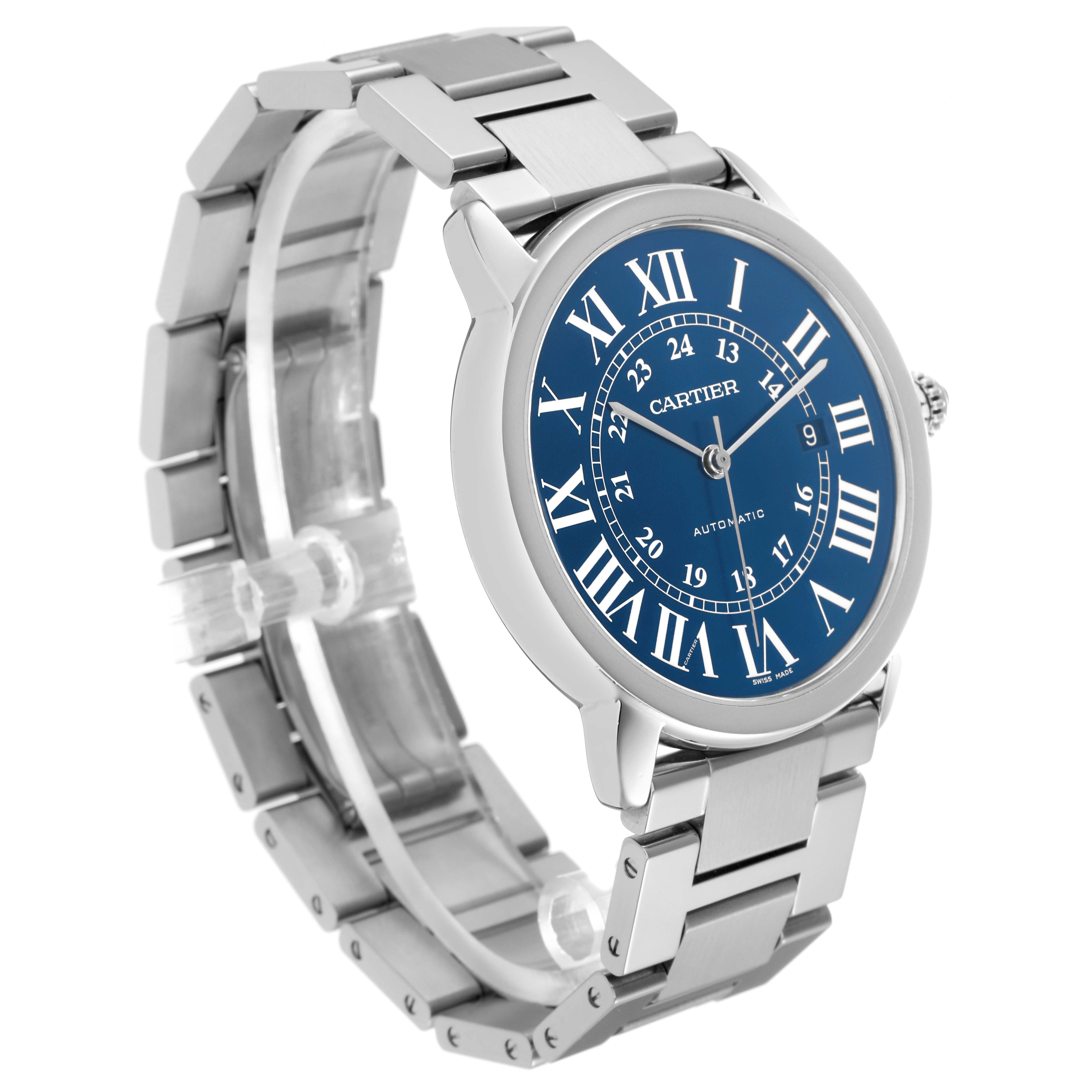 The Cartier Ronde model WSRN0023 watch is shown at a slight angle, highlighting the blue dial, Roman numerals, and metal bracelet.