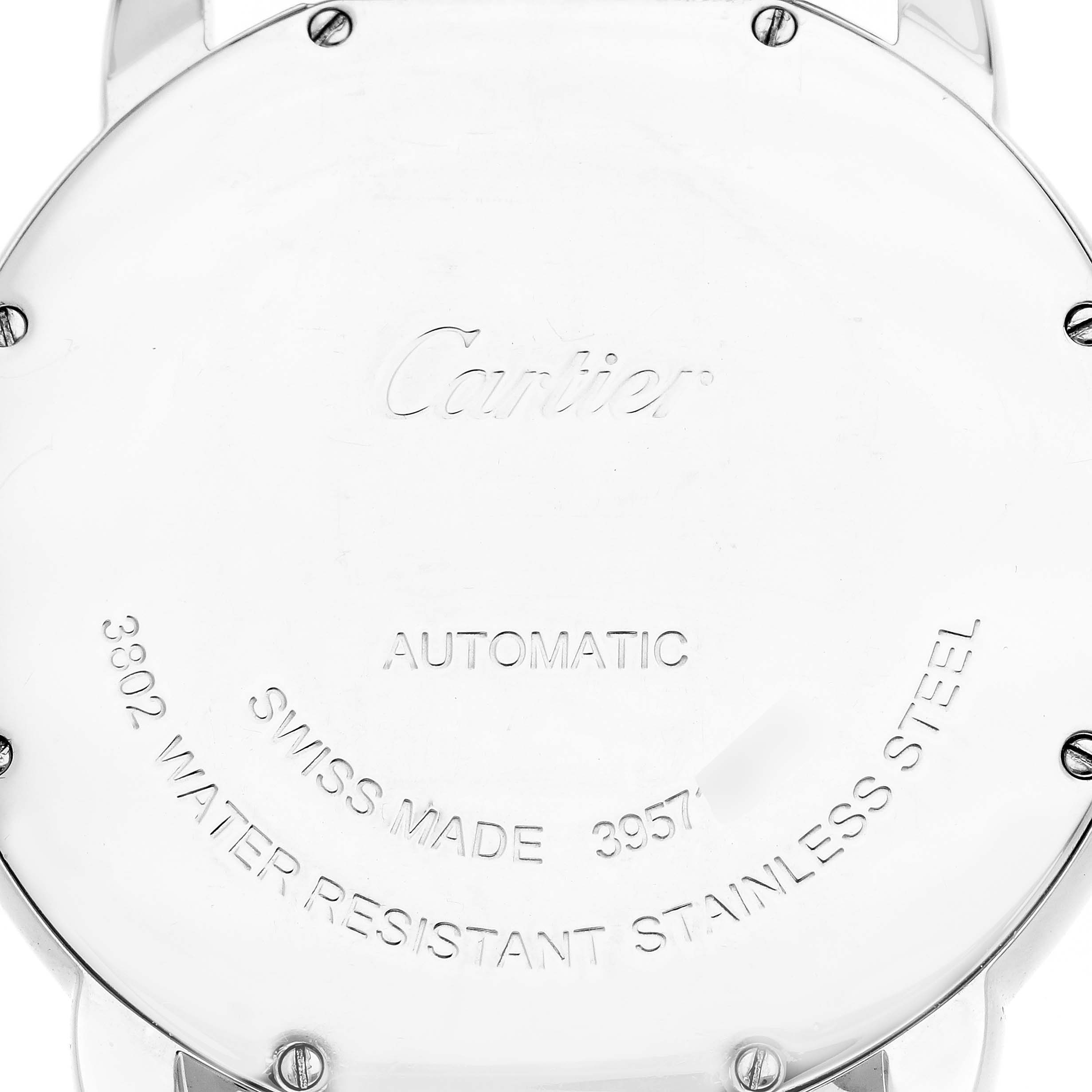 The image shows the back case of a Cartier Ronde men's watch, model number WSRN0023, highlighting engravings including "Swiss Made" and "Water Resistant Stainless Steel."