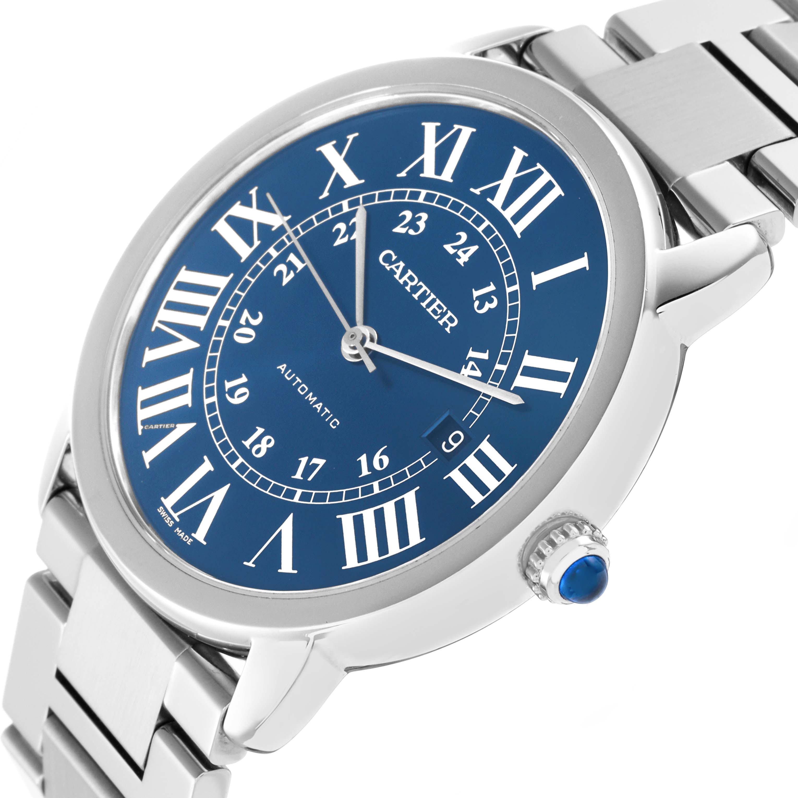 The Cartier Ronde WSRN0023 men's watch is shown at a slight angle, highlighting the blue dial, Roman numerals, silver bracelet, and crown with a blue cabochon.