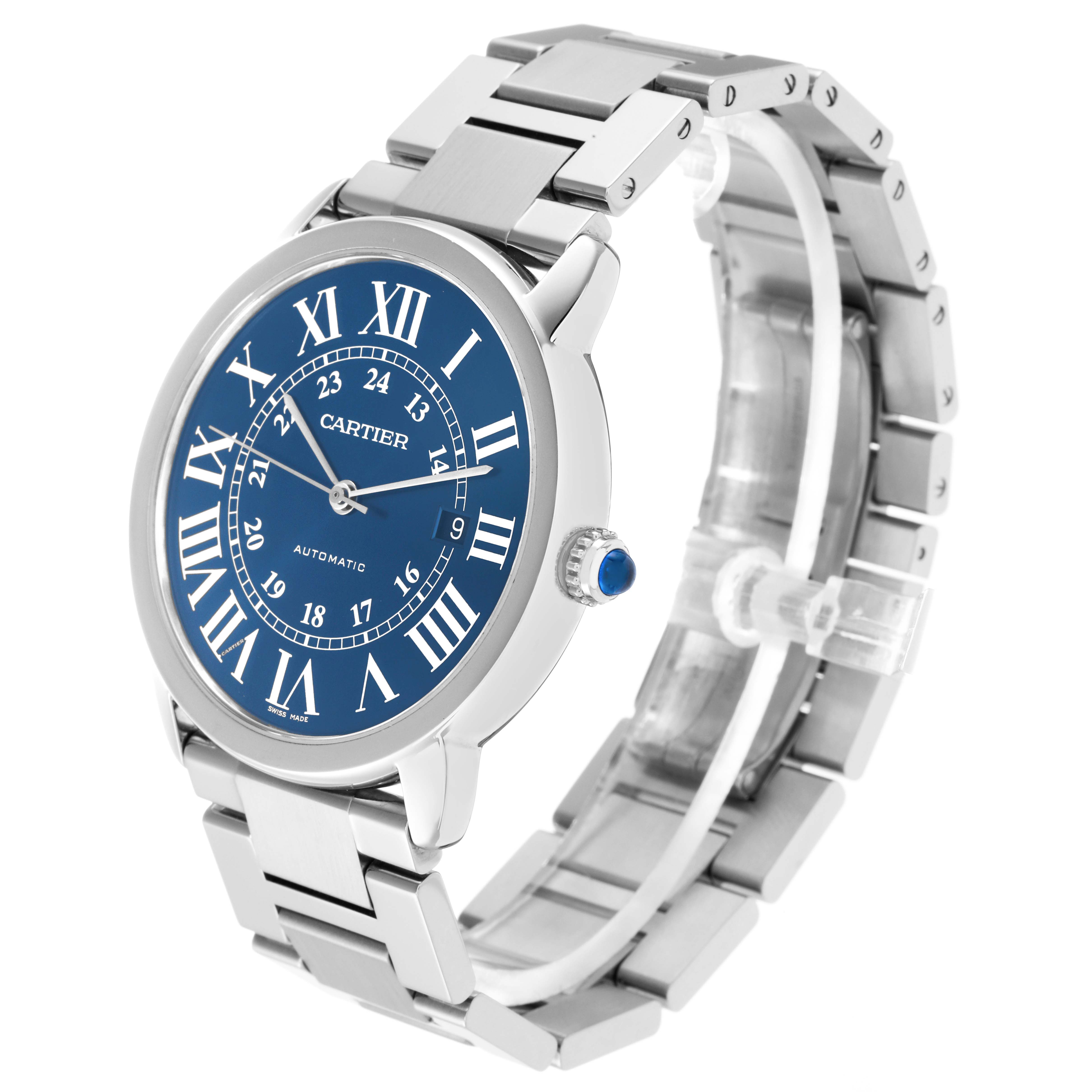 The Cartier Ronde model WSRN0023 watch is shown at an angled view, highlighting the blue dial, Roman numerals, stainless steel bracelet, and sapphire crown.